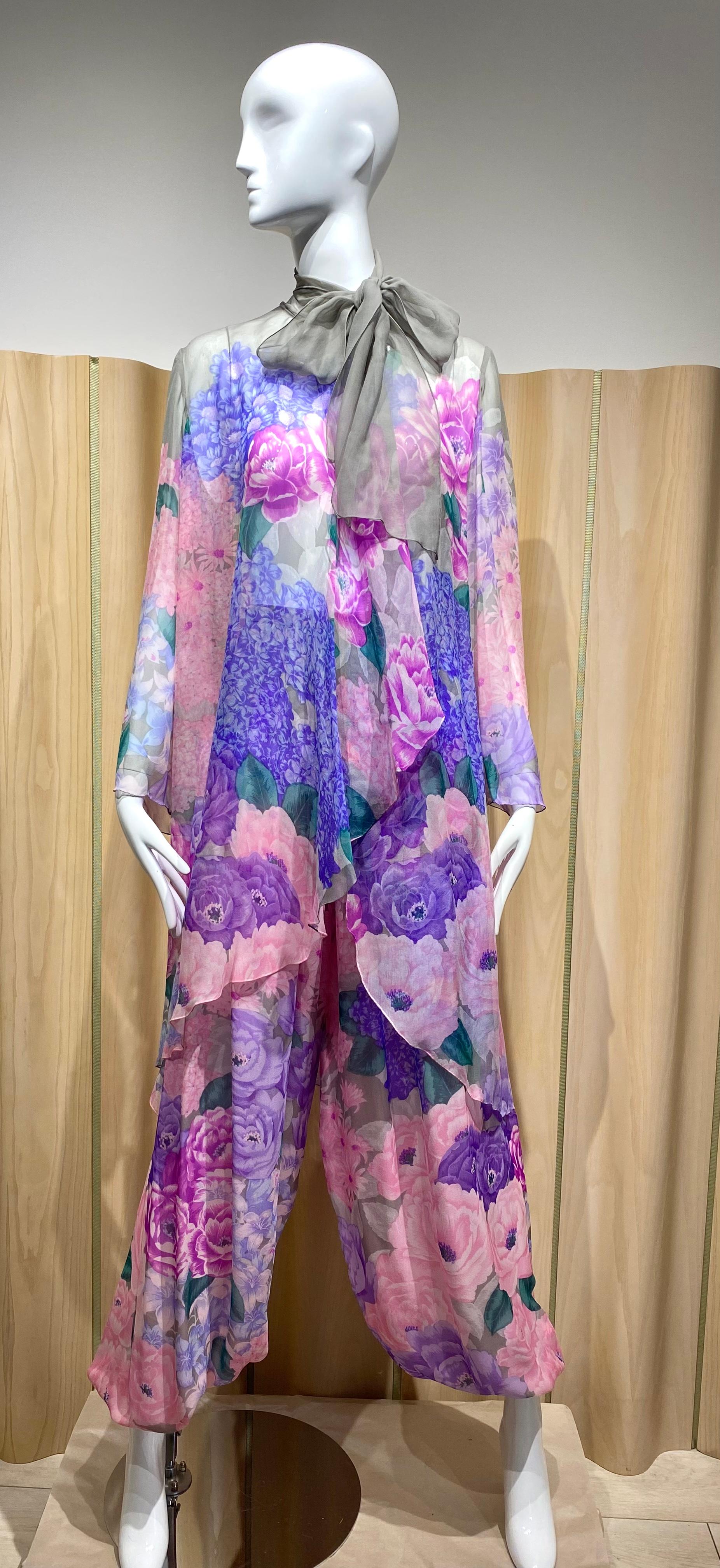 1980s Hanae Mori Pink, Grey floral Print Silk Chiffon Pant set 6