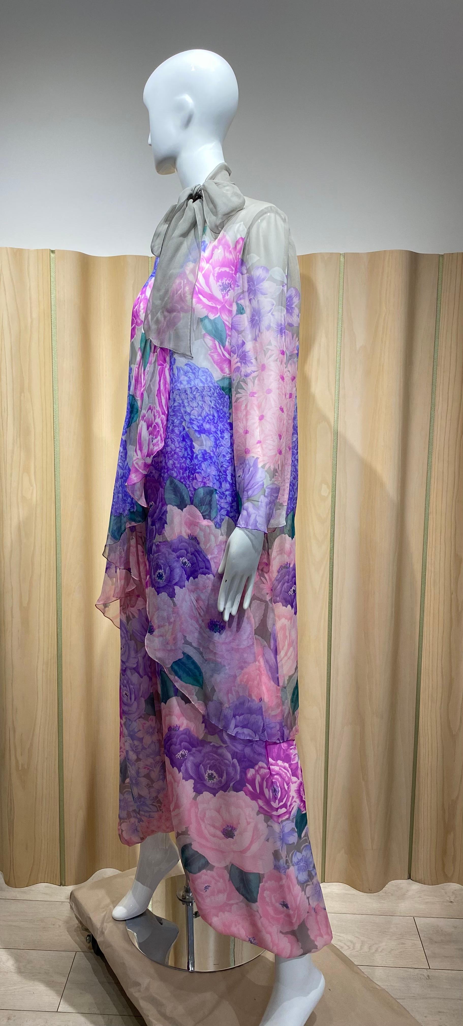 Women's 1980s Hanae Mori Pink, Grey floral Print Silk Chiffon Pant set