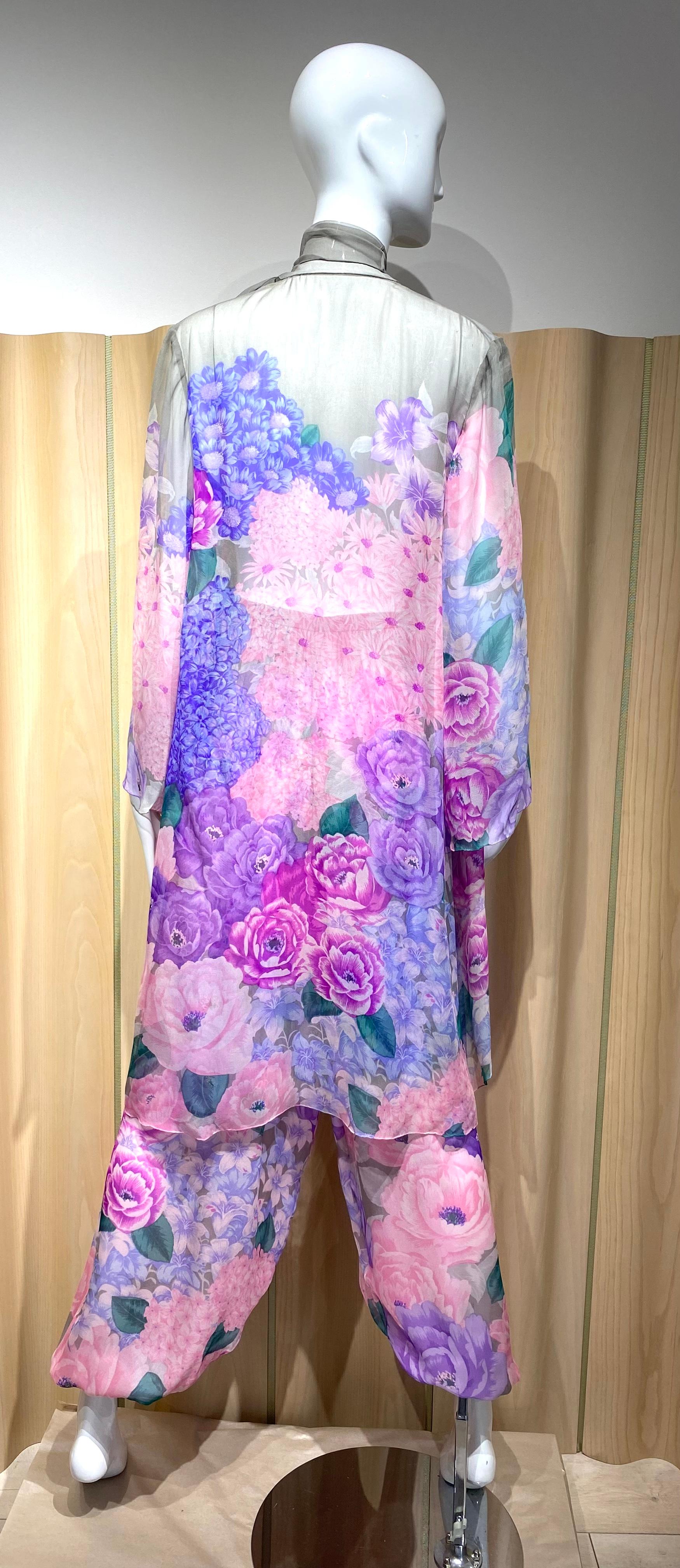 1980s Hanae Mori Pink, Grey floral Print Silk Chiffon Pant set 1
