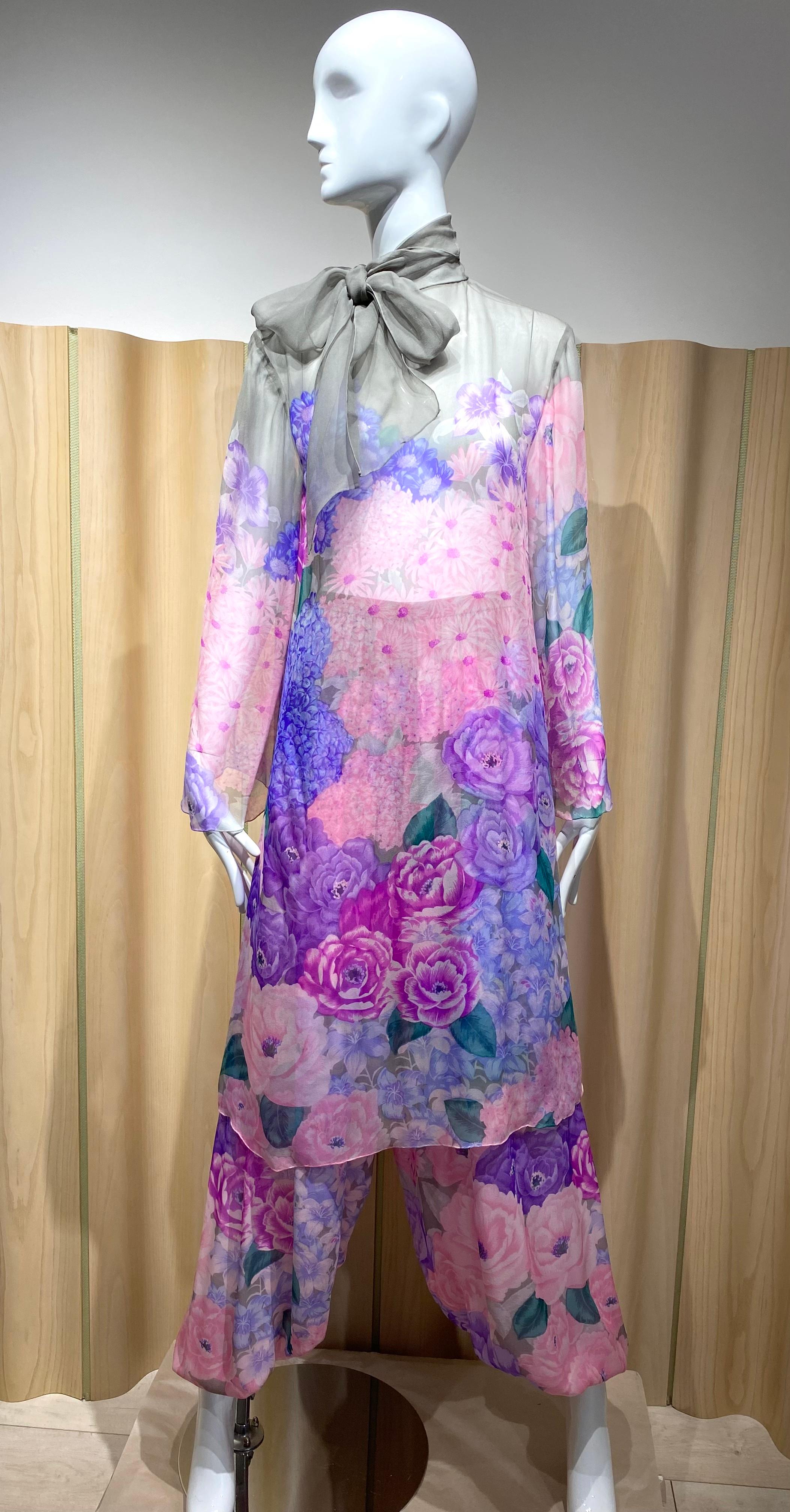 1980s Hanae Mori Pink, Grey floral Print Silk Chiffon Pant set 2