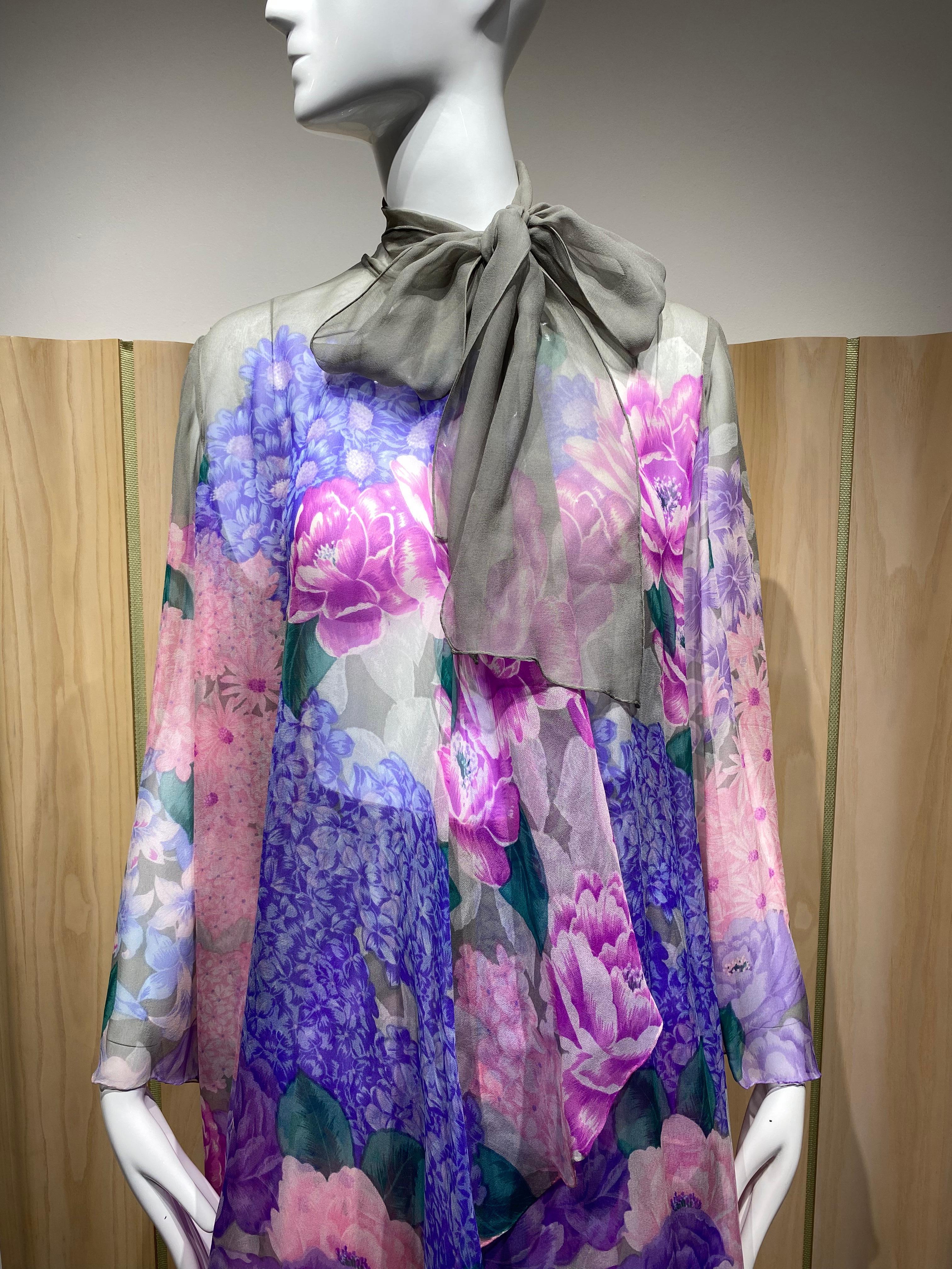 1980s Hanae Mori Pink, Grey floral Print Silk Chiffon Pant set 3