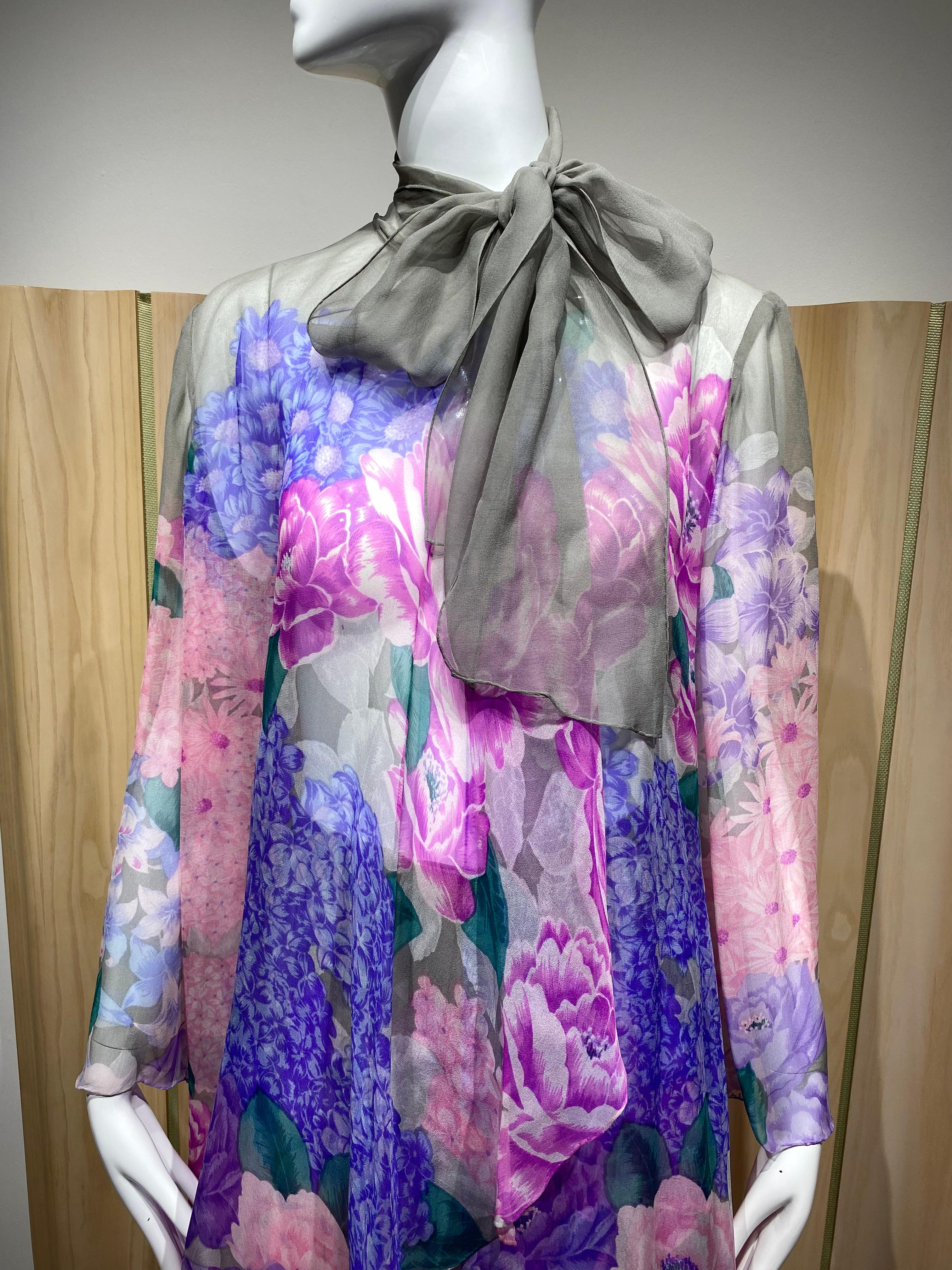 1980s Hanae Mori Pink, Grey floral Print Silk Chiffon Pant set 4