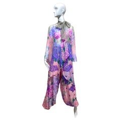1980s Hanae Mori Pink, Grey floral Print Silk Chiffon Pant set