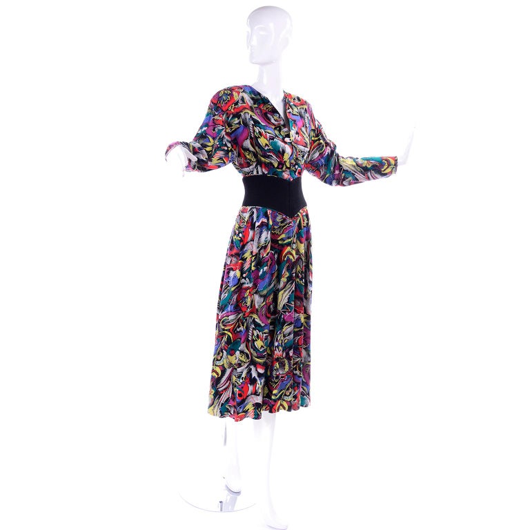 Spring 1977 Hanae Mori Fan & Flower Print Blue Yukata Cotton Dress