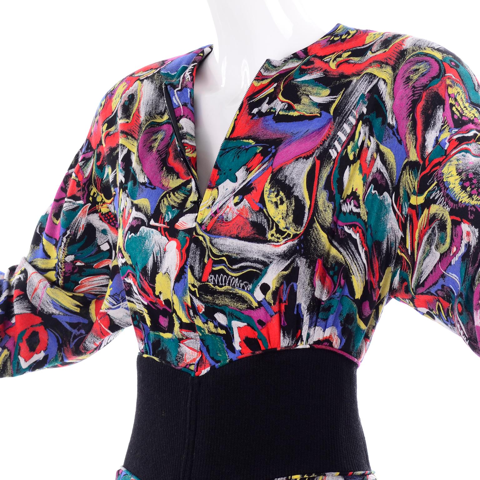 Black 1980s Hanae Mori Vintage Dress in Abstract Colorful Chalk Print With Pockets 6/8