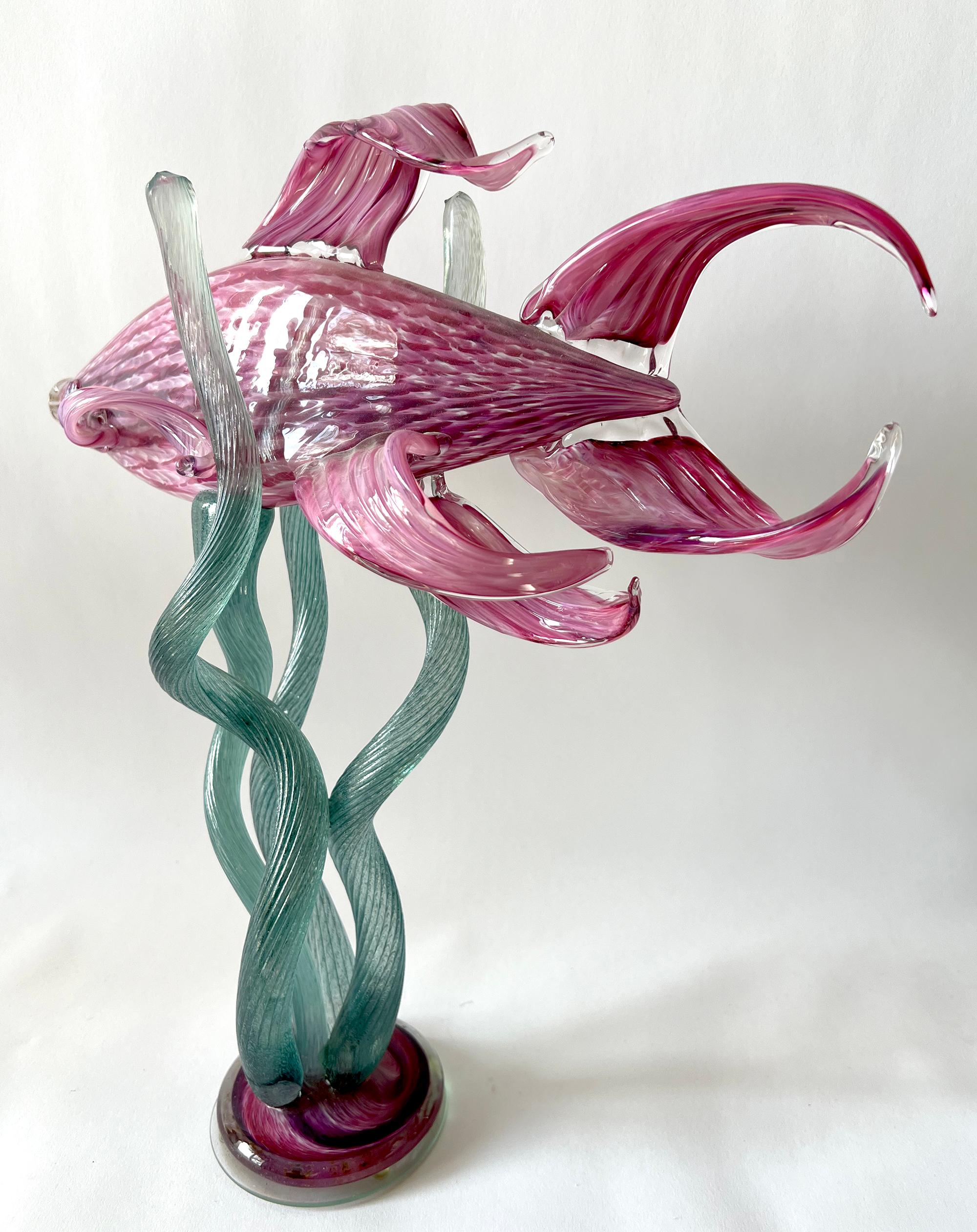 Mid-Century Modern 1980s Hand Blown Italian Murano Zanfirico Art Glass Fish Sculpture 