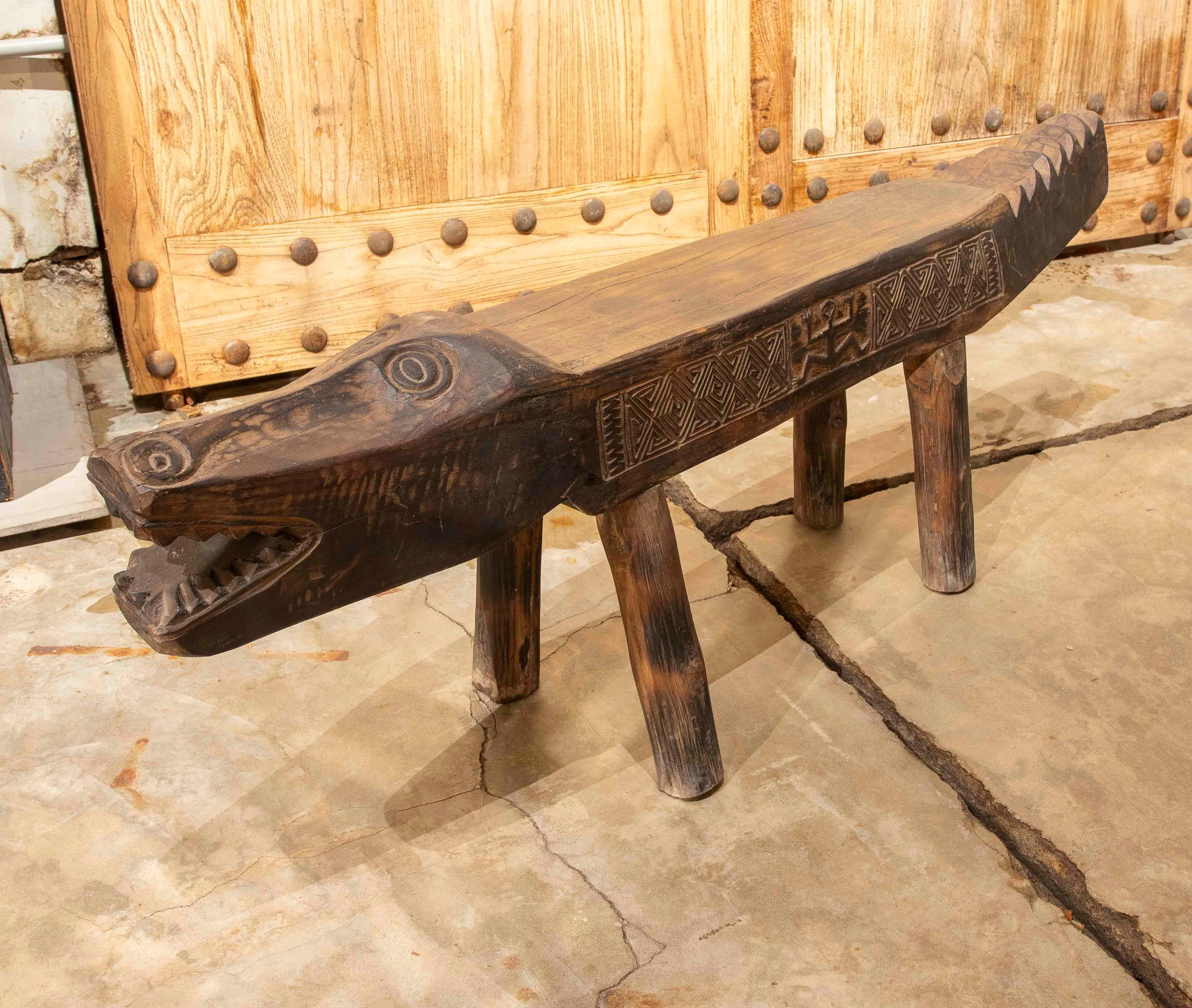 African 1980s Hand Carved in Wood Wooden Bench in the Shape of a Crocodile with Reliefs