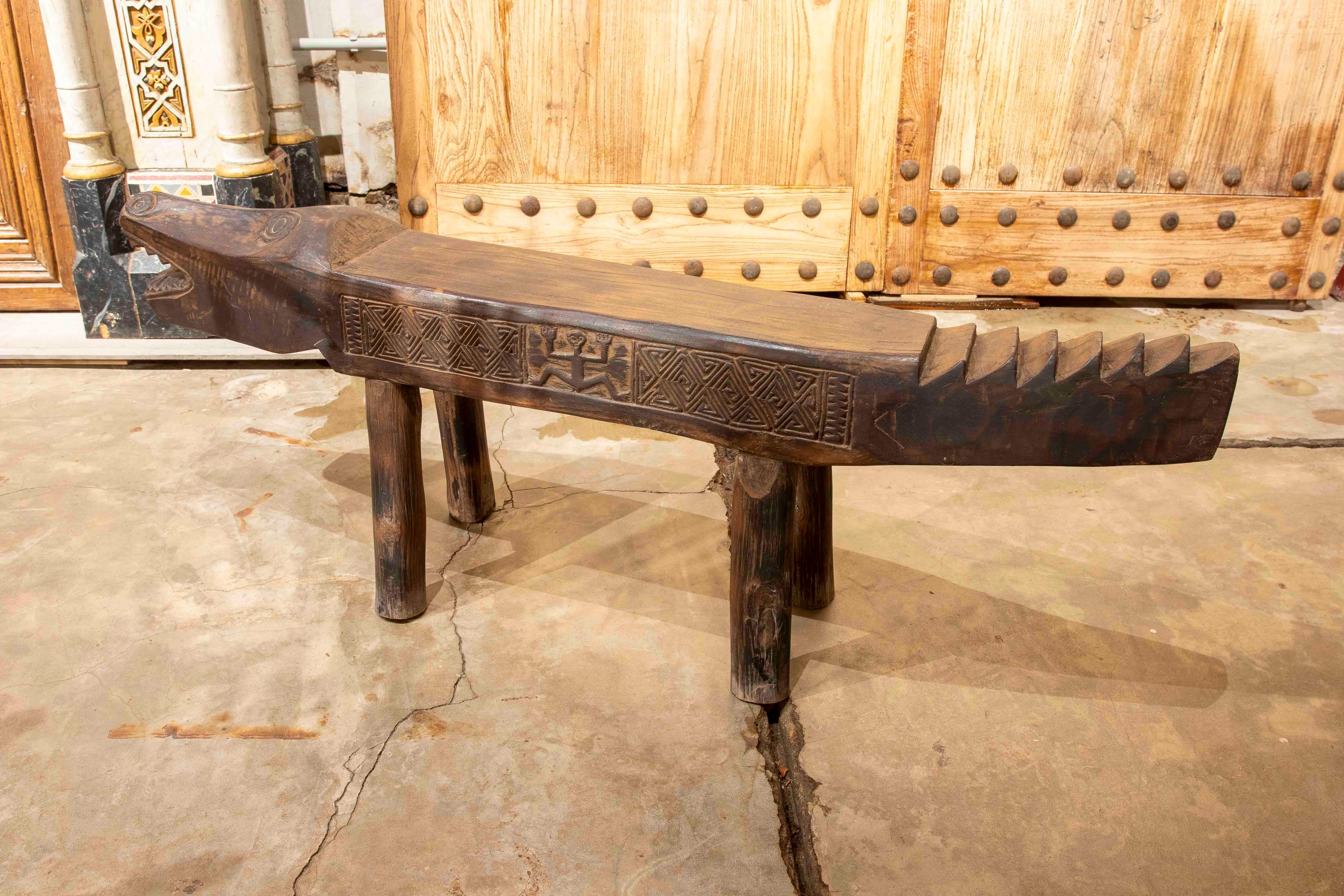 Hand-Carved 1980s Hand Carved in Wood Wooden Bench in the Shape of a Crocodile with Reliefs