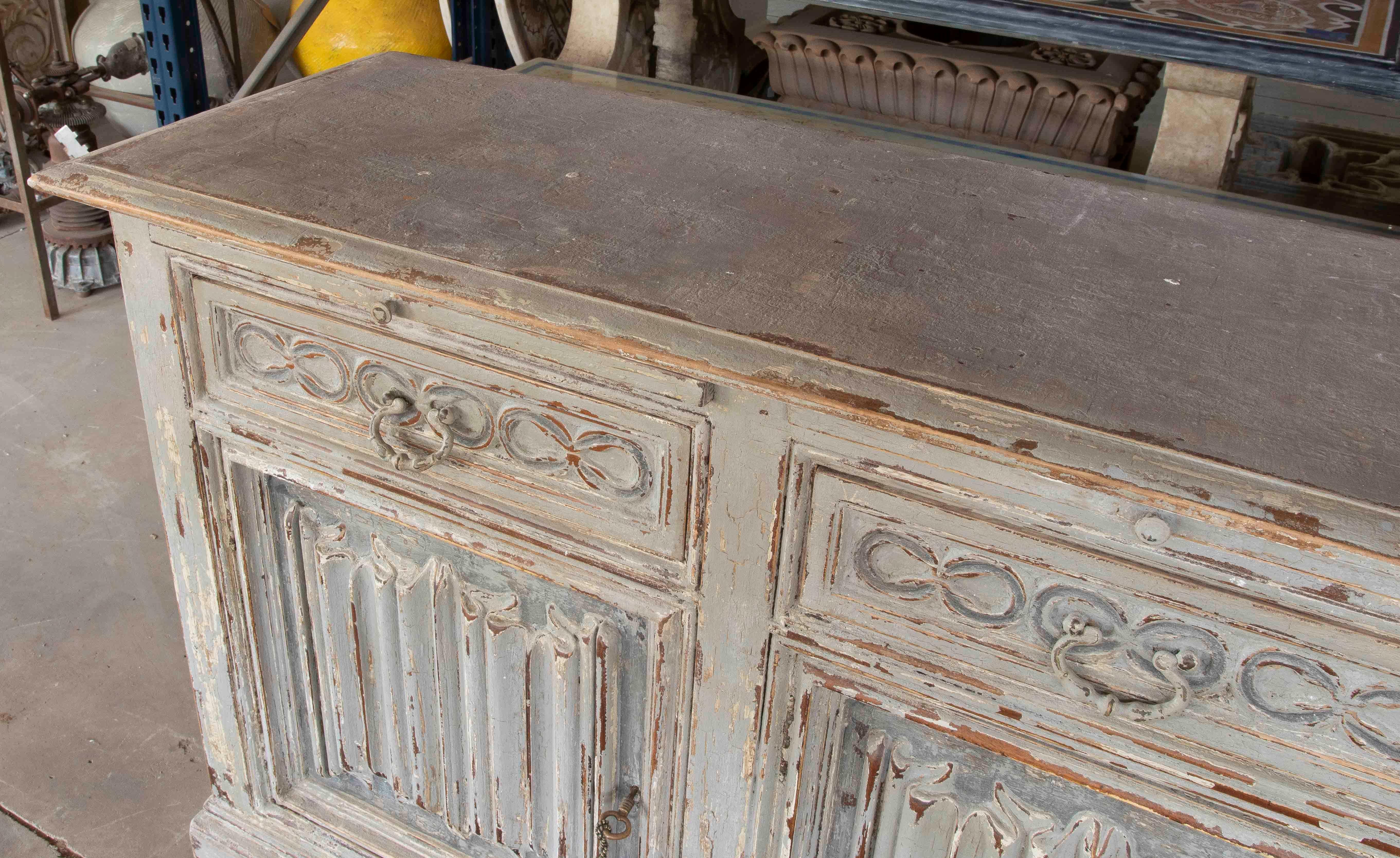 Hand-Painted 1980s Hand-Carved Provençal Sideboard Made of Polychrome Wood with Front Panels For Sale