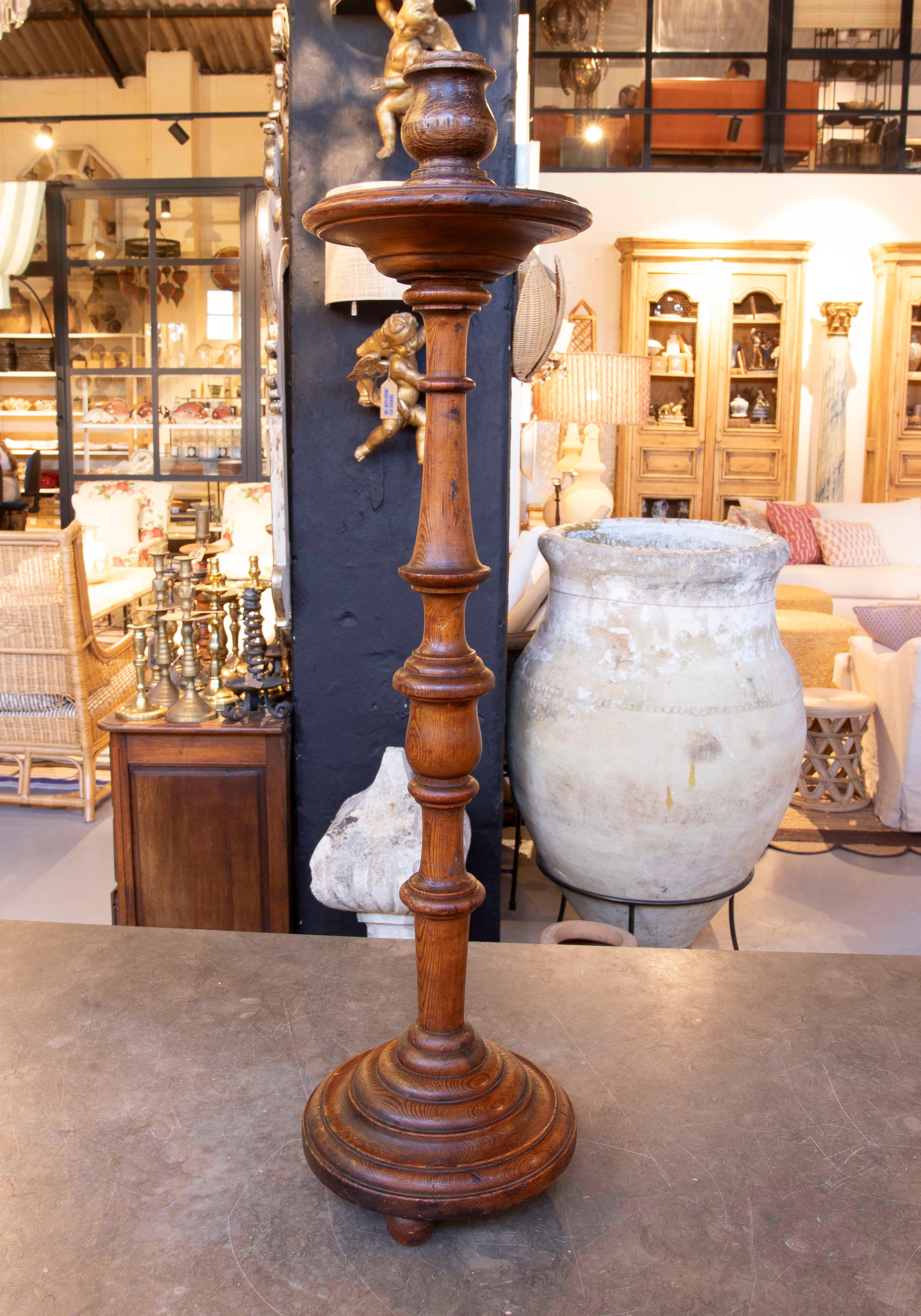 20th Century 1980s Hand-carved Spanish Pine Candlestick For Sale