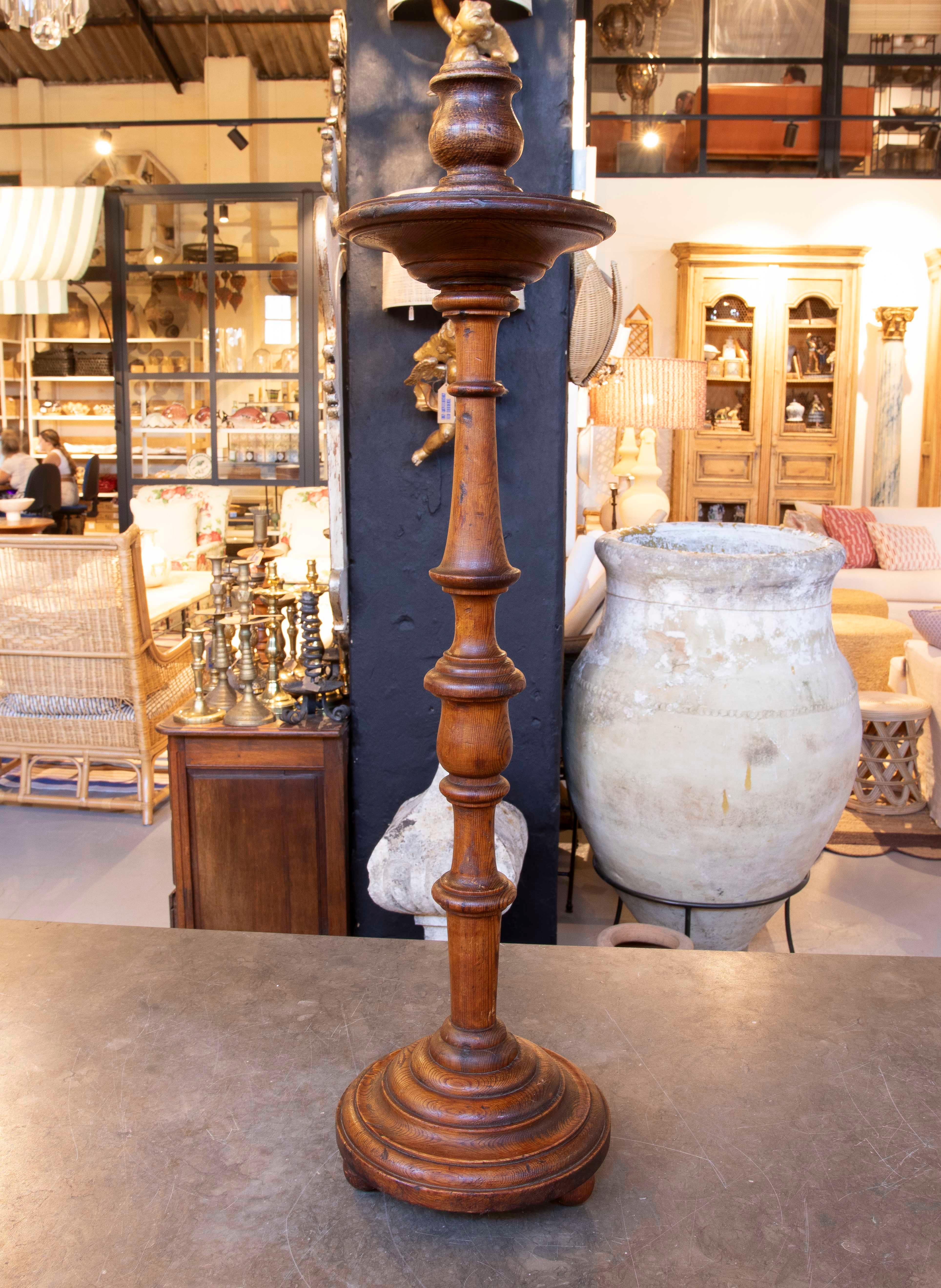 1980s Hand-carved Spanish Pine Candlestick For Sale 1