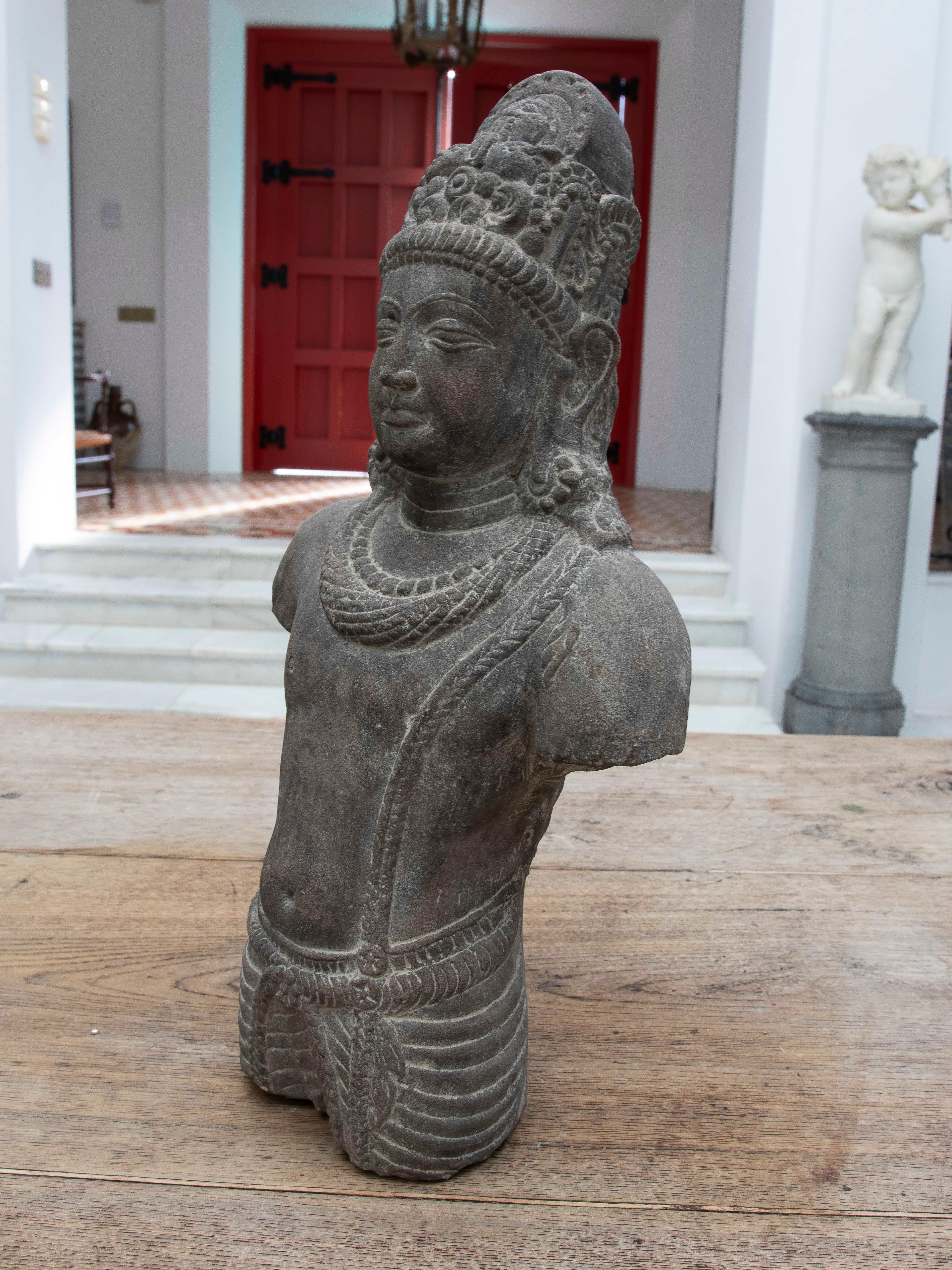 Indian 1980s Hand Carved Torso of Oriental Divinity with Headdress, Jewels and Robes For Sale