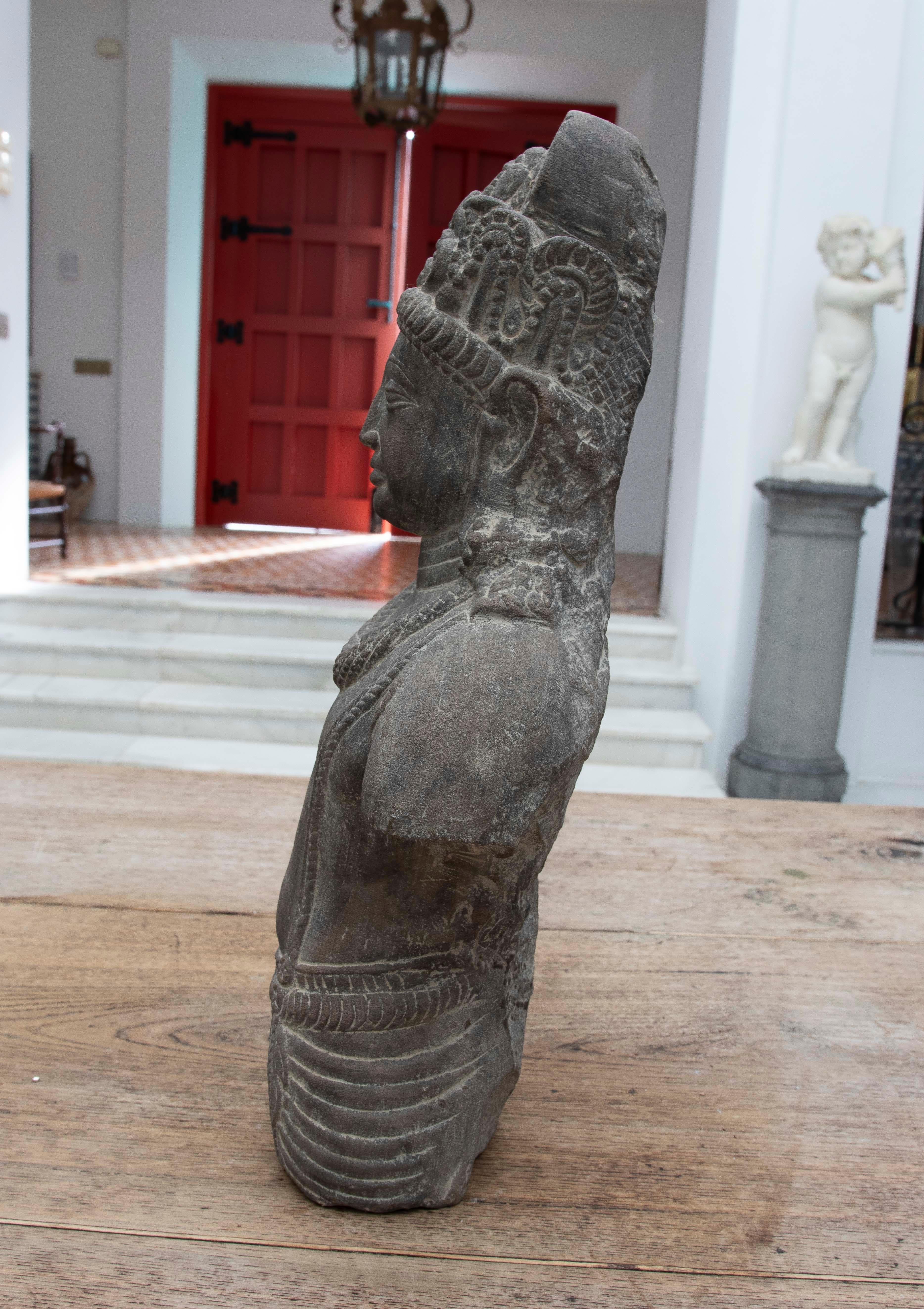 Hand-Carved 1980s Hand Carved Torso of Oriental Divinity with Headdress, Jewels and Robes For Sale