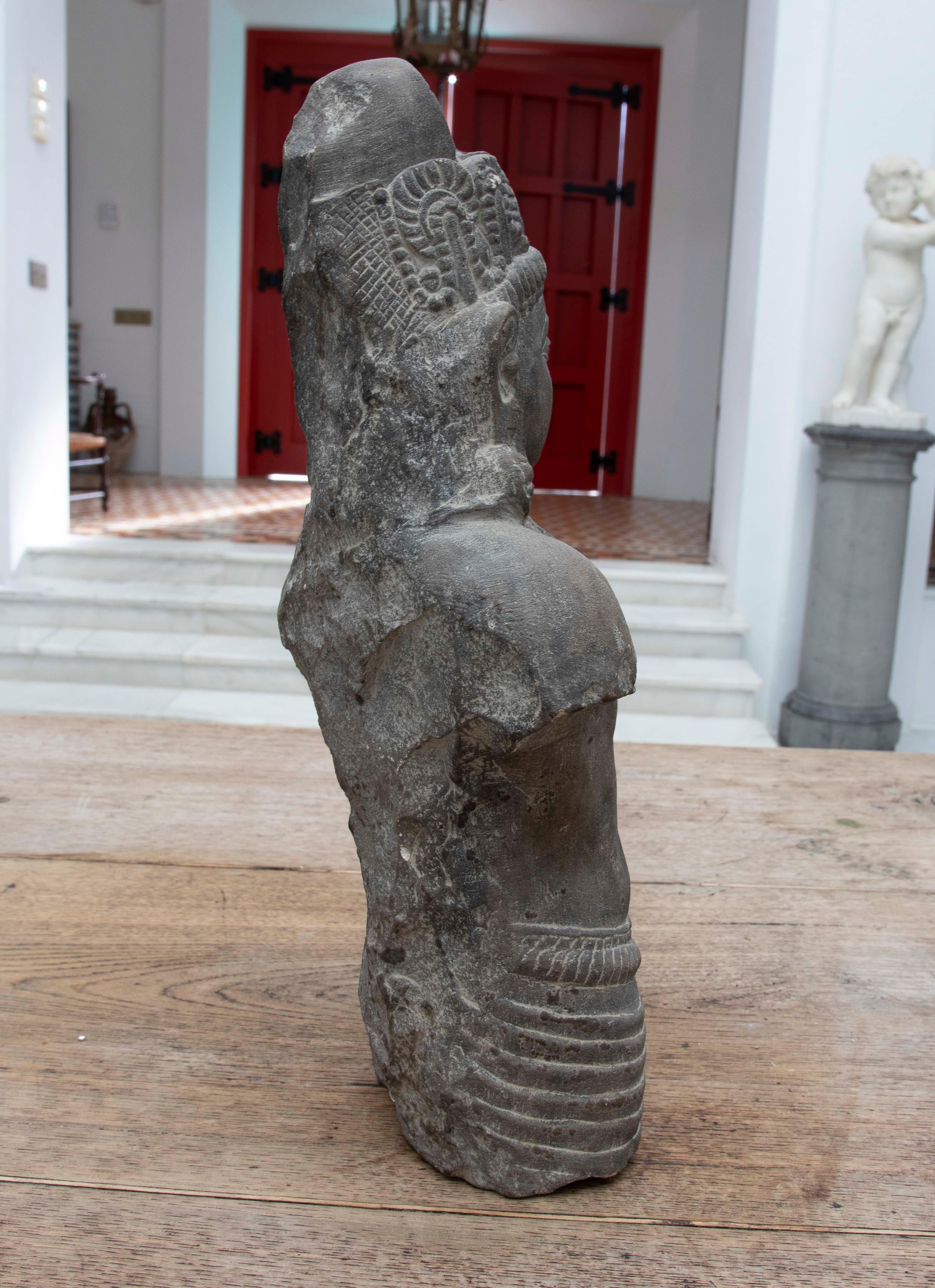 Stone 1980s Hand Carved Torso of Oriental Divinity with Headdress, Jewels and Robes For Sale