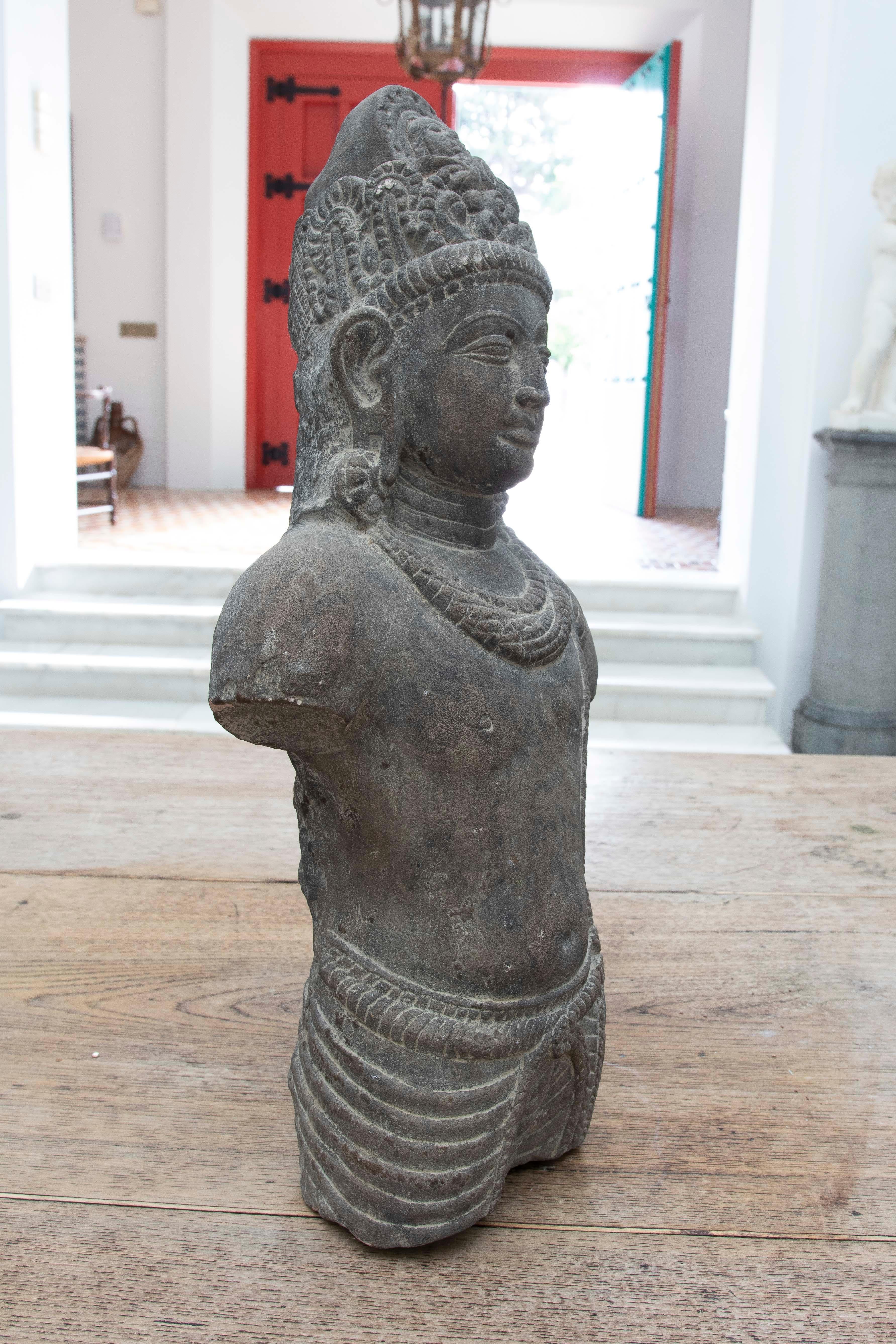 1980s Hand Carved Torso of Oriental Divinity with Headdress, Jewels and Robes For Sale 1