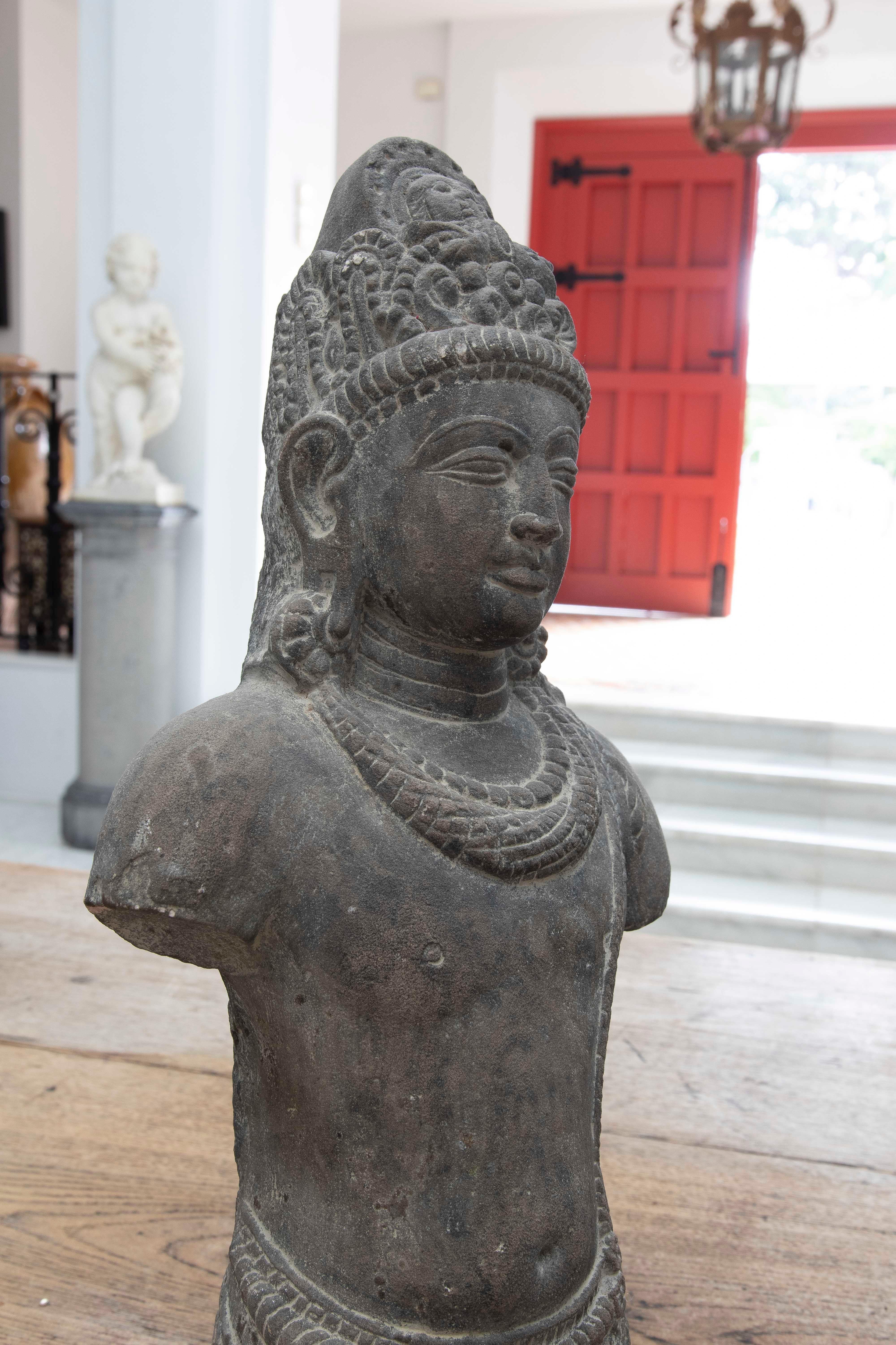 1980s Hand Carved Torso of Oriental Divinity with Headdress, Jewels and Robes For Sale 2