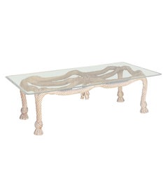 1980s Hand-Carved Wood and Glass Rope Coffee Table