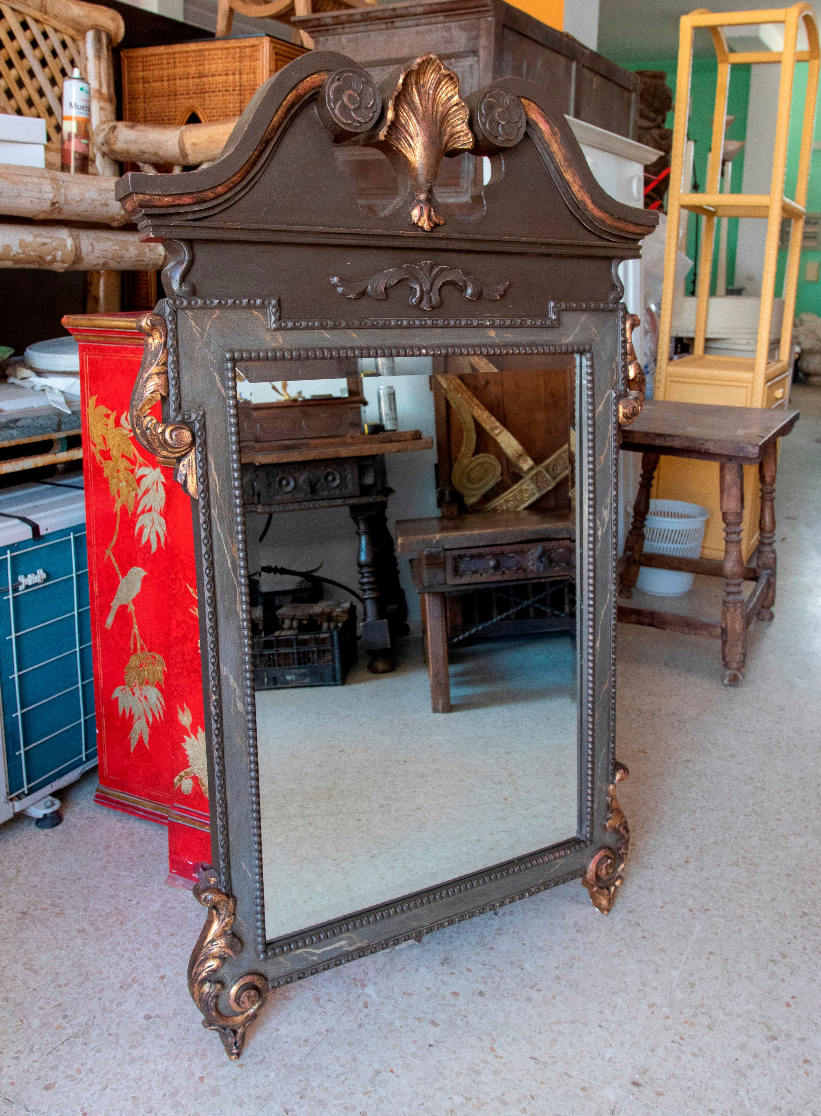 1980s hand carved wooden mirror.