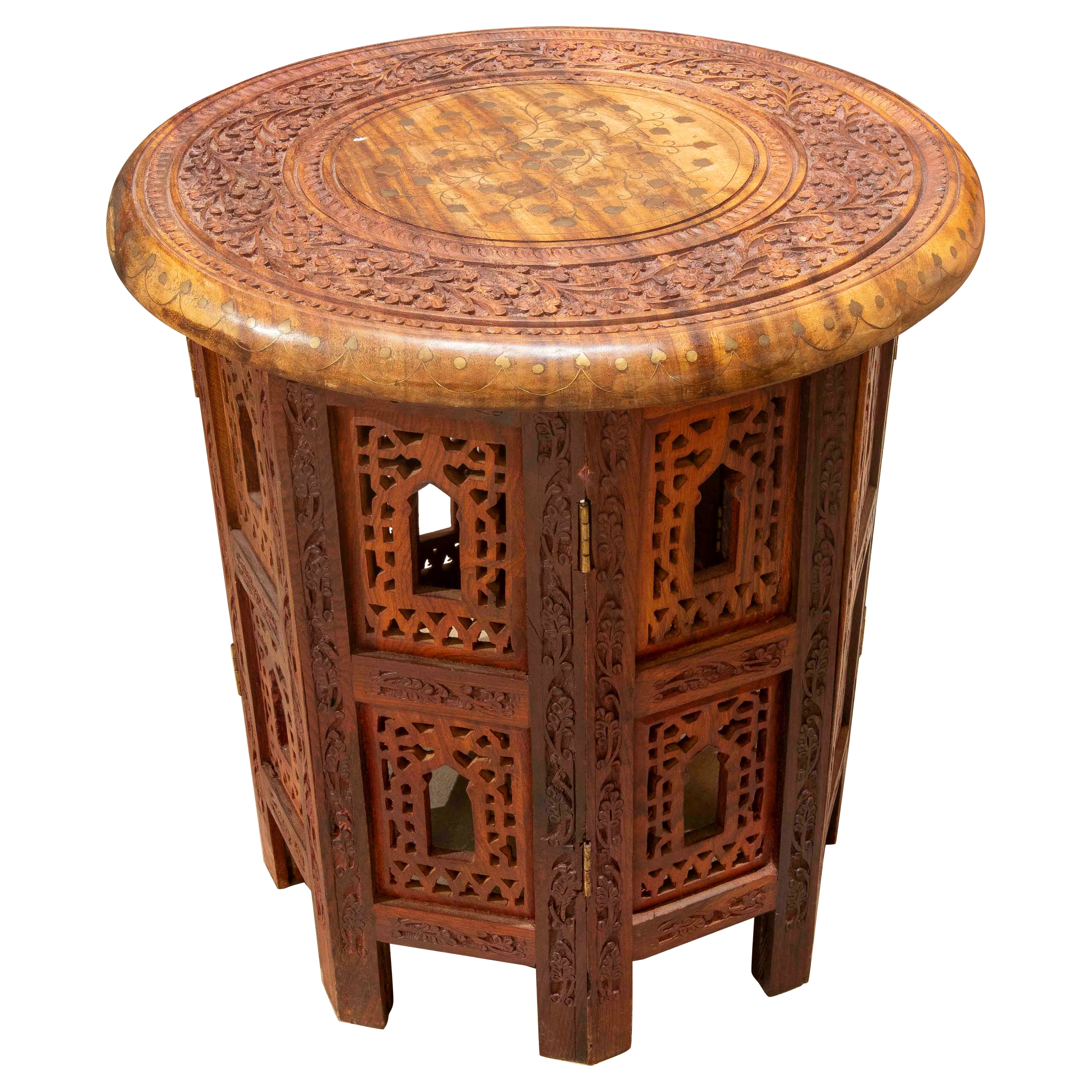 1980s Hand-Carved Wooden Side Table with Marquetry, Moorish/Indian Style For Sale
