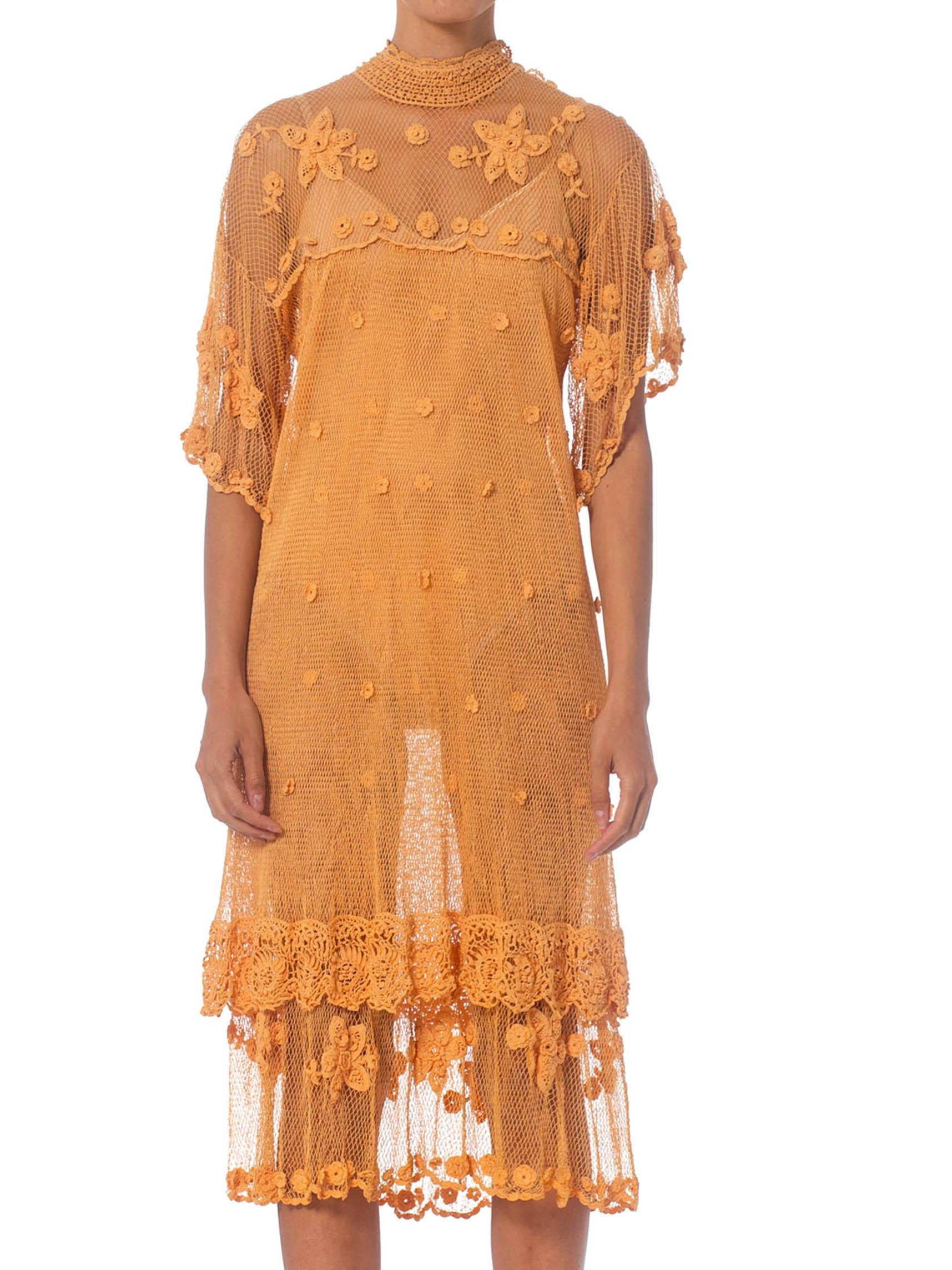 Orange 1980S Hand Crocheted Net Lace Boho Dress For Sale