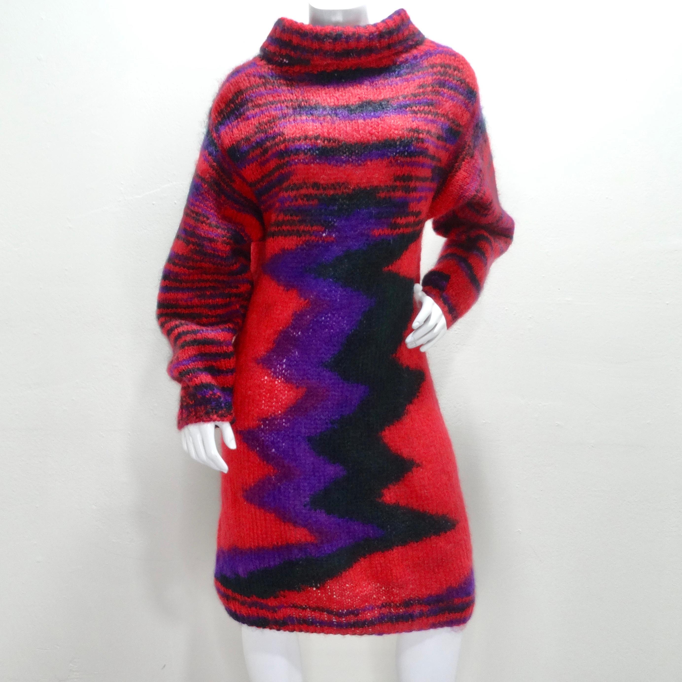 Introducing this striking 1980s Hand-Knit Multicolor Sweater Dress, a true gem that captures the essence of the vibrant and expressive 1980s fashion era. The 1980s were all about bold, expressive fashion, and this sweater dress pays homage to that