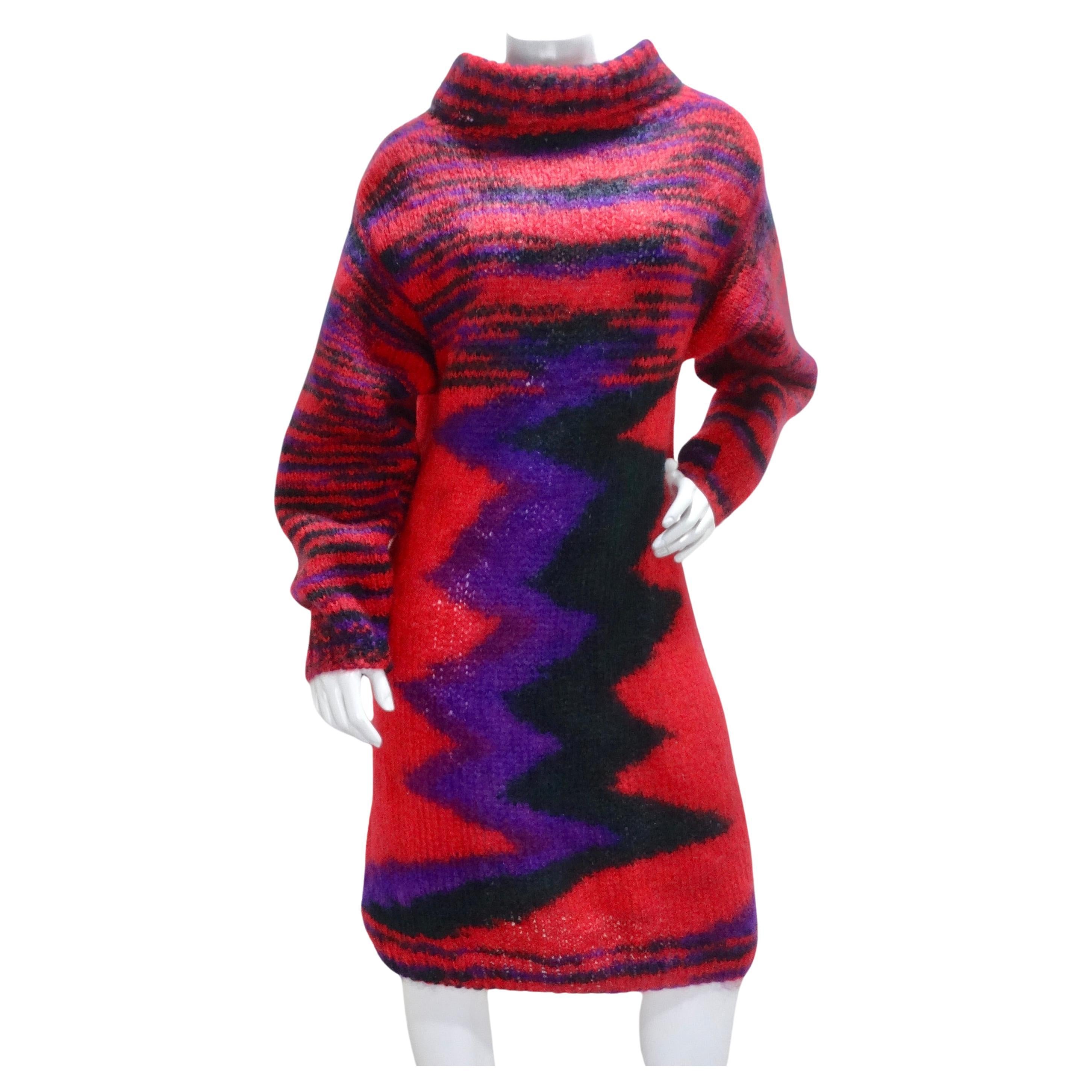 1980s Hand Knit Multicolor Sweater Dress For Sale