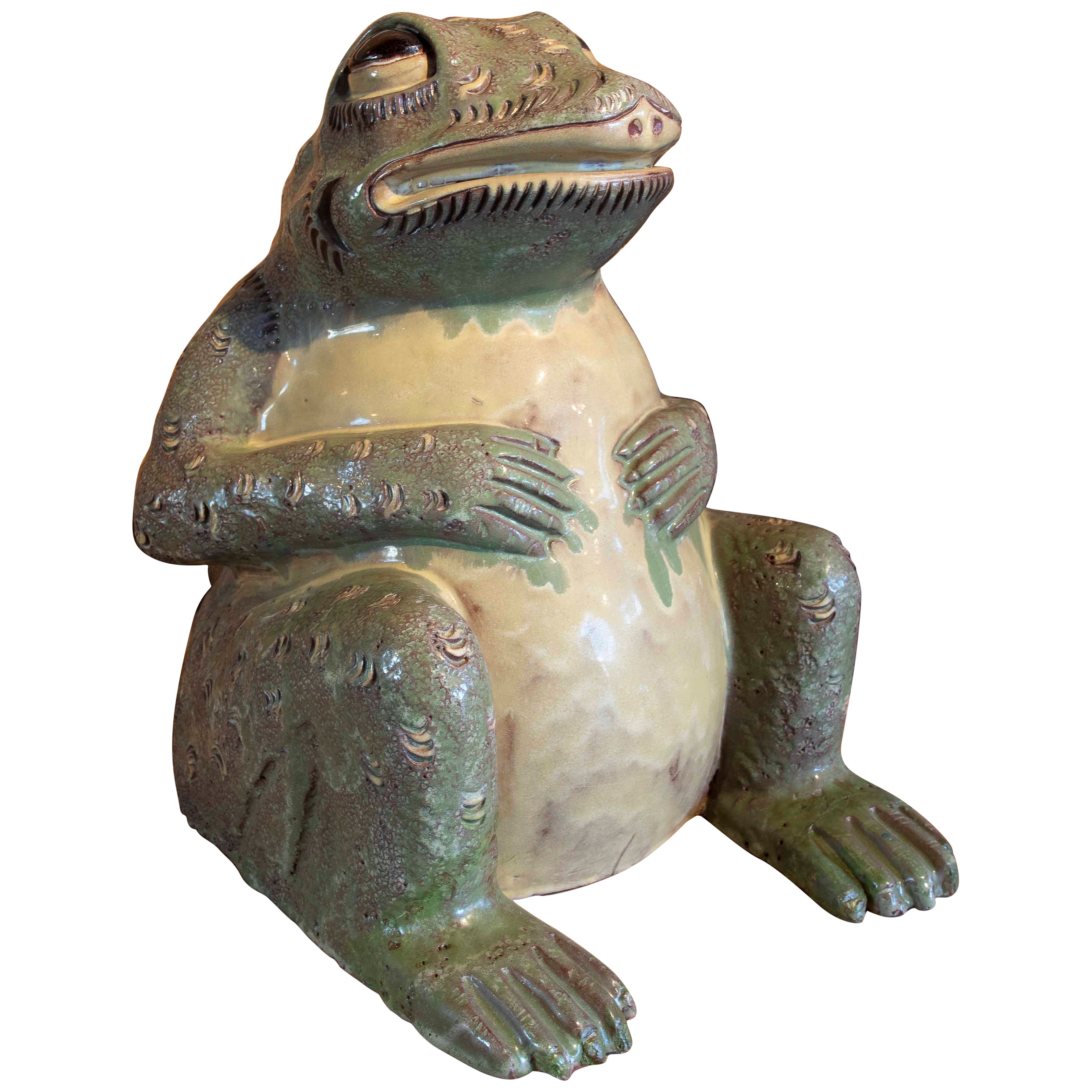 1980s Hand-painted and Glazed Ceramic Sculpture of a Seated Frog