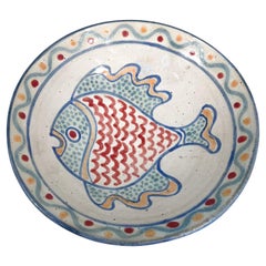 1980s Hand Painted Art Pottery Decorative Fish Bowl Artisan Signed