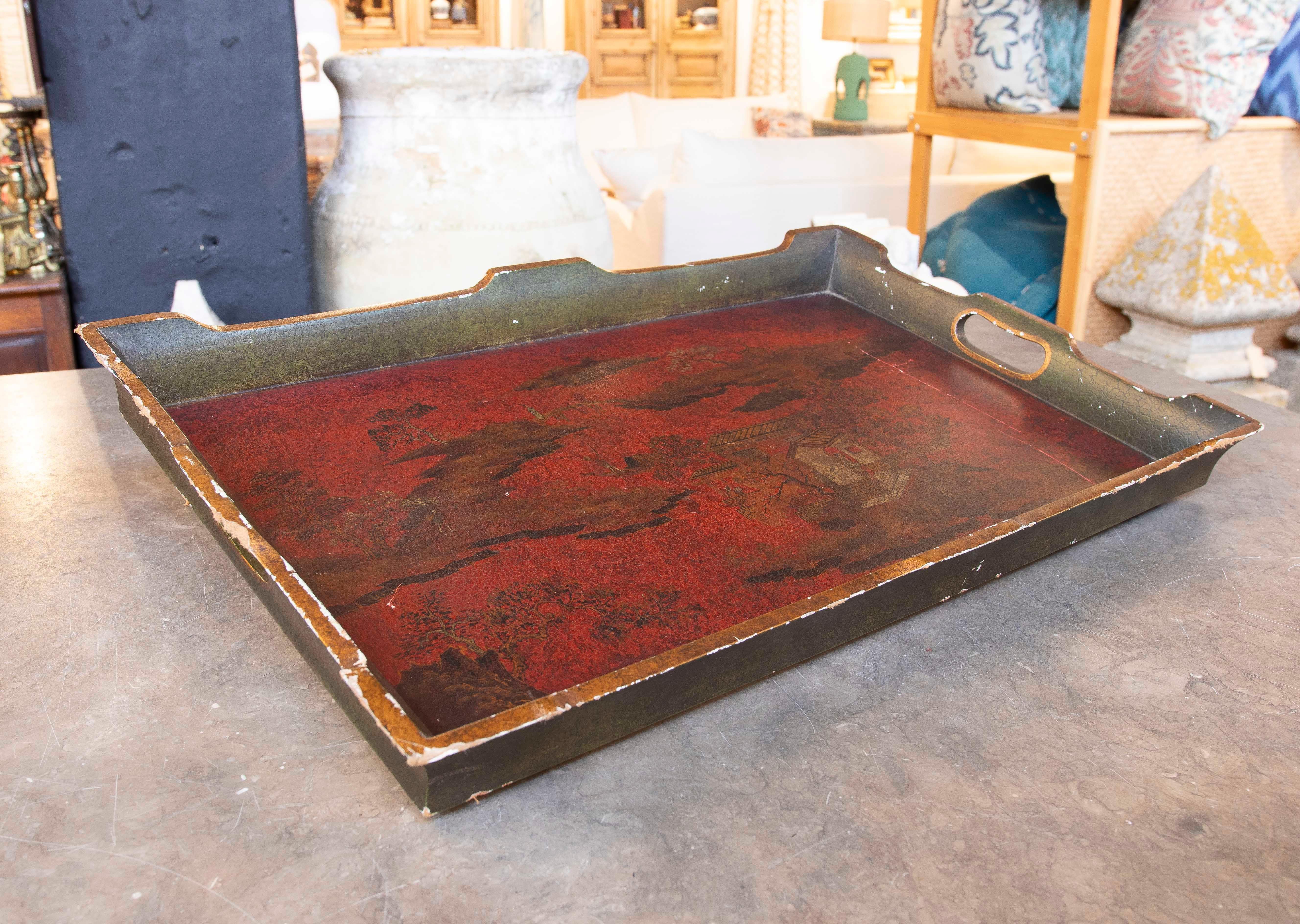 Asian 1980s Hand Painted Chinoiserie Style Wooden Tray