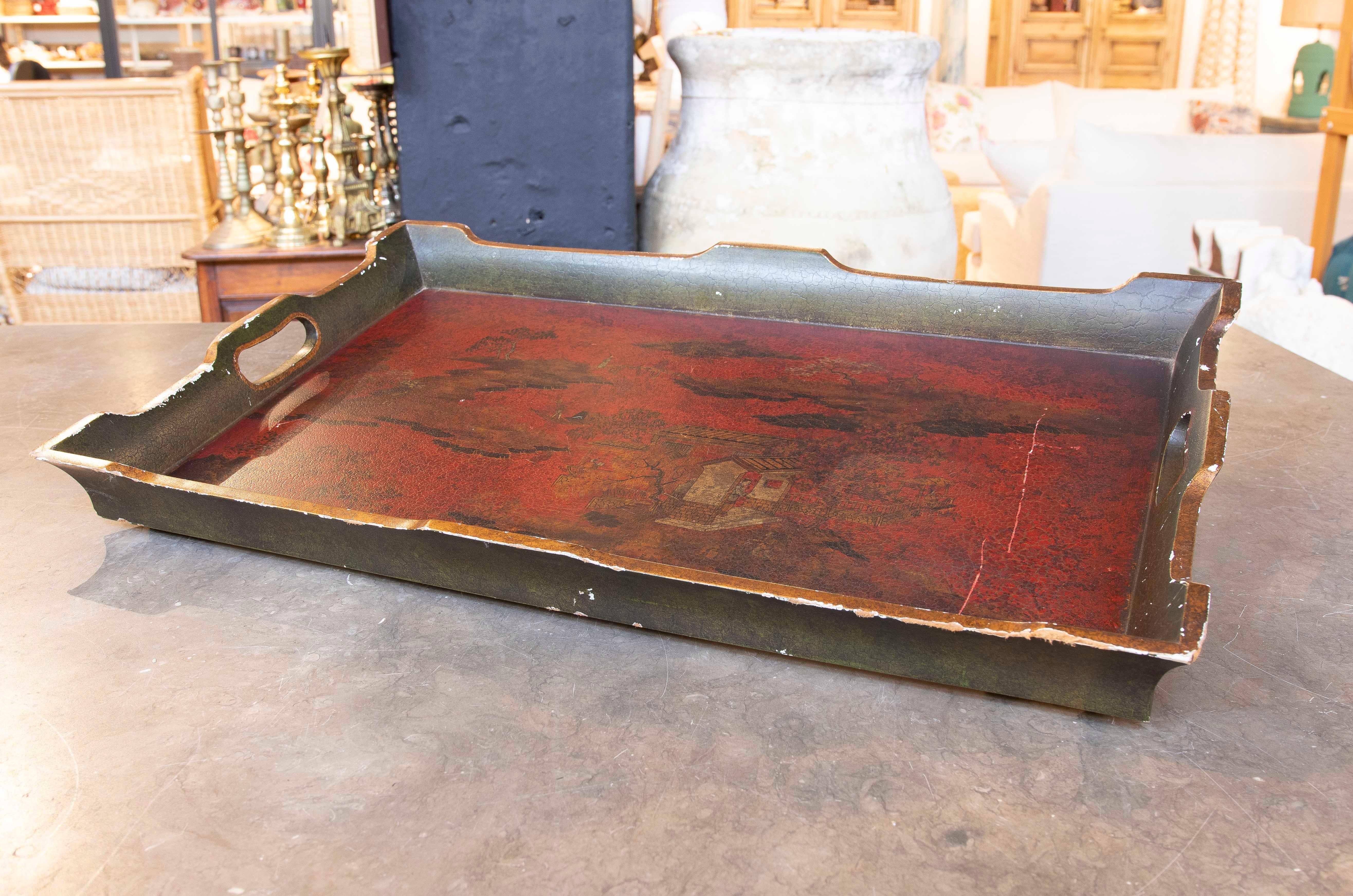 Hand-Painted 1980s Hand Painted Chinoiserie Style Wooden Tray