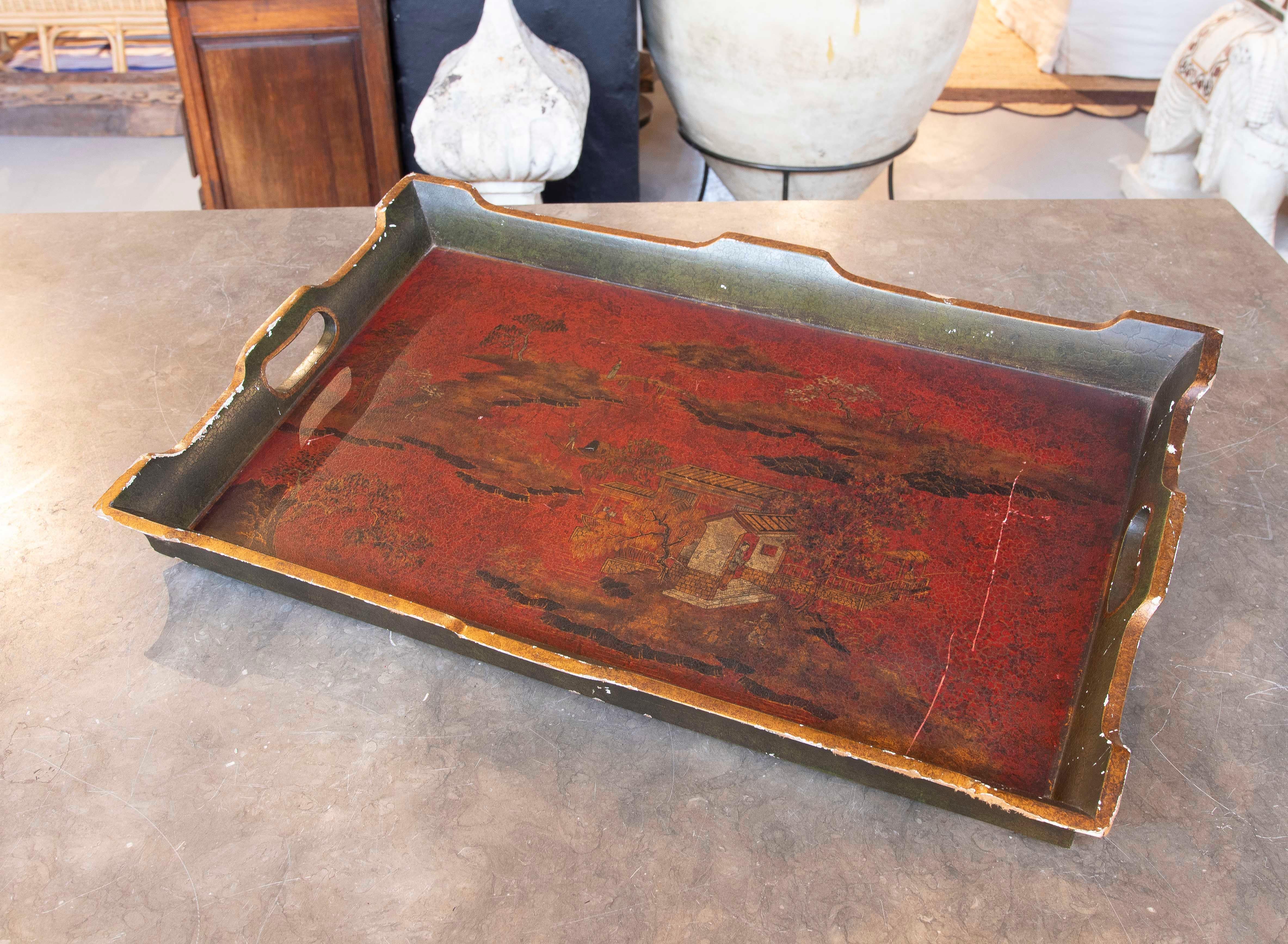 1980s Hand Painted Chinoiserie Style Wooden Tray In Good Condition In Marbella, ES