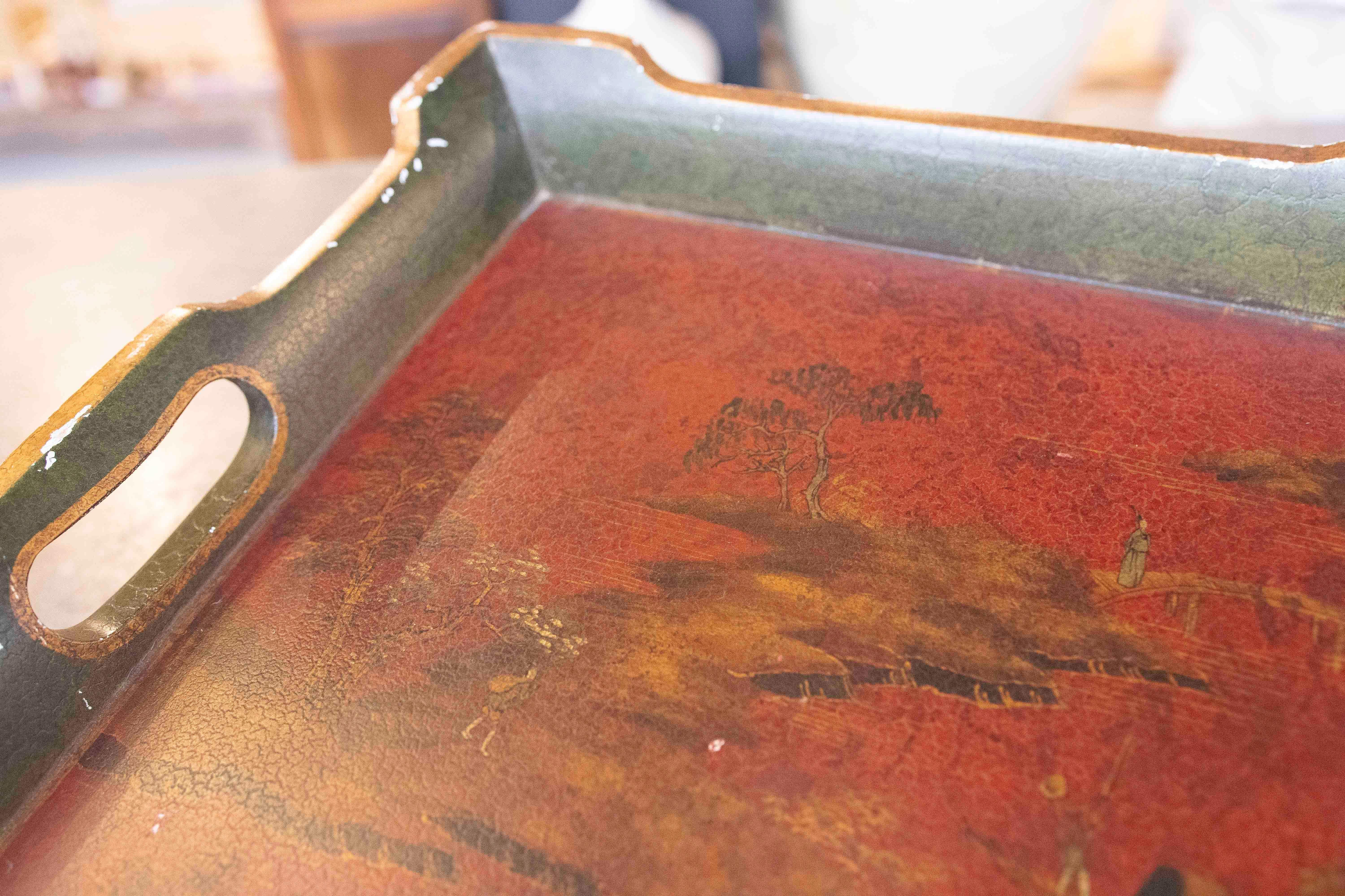 1980s Hand Painted Chinoiserie Style Wooden Tray 1