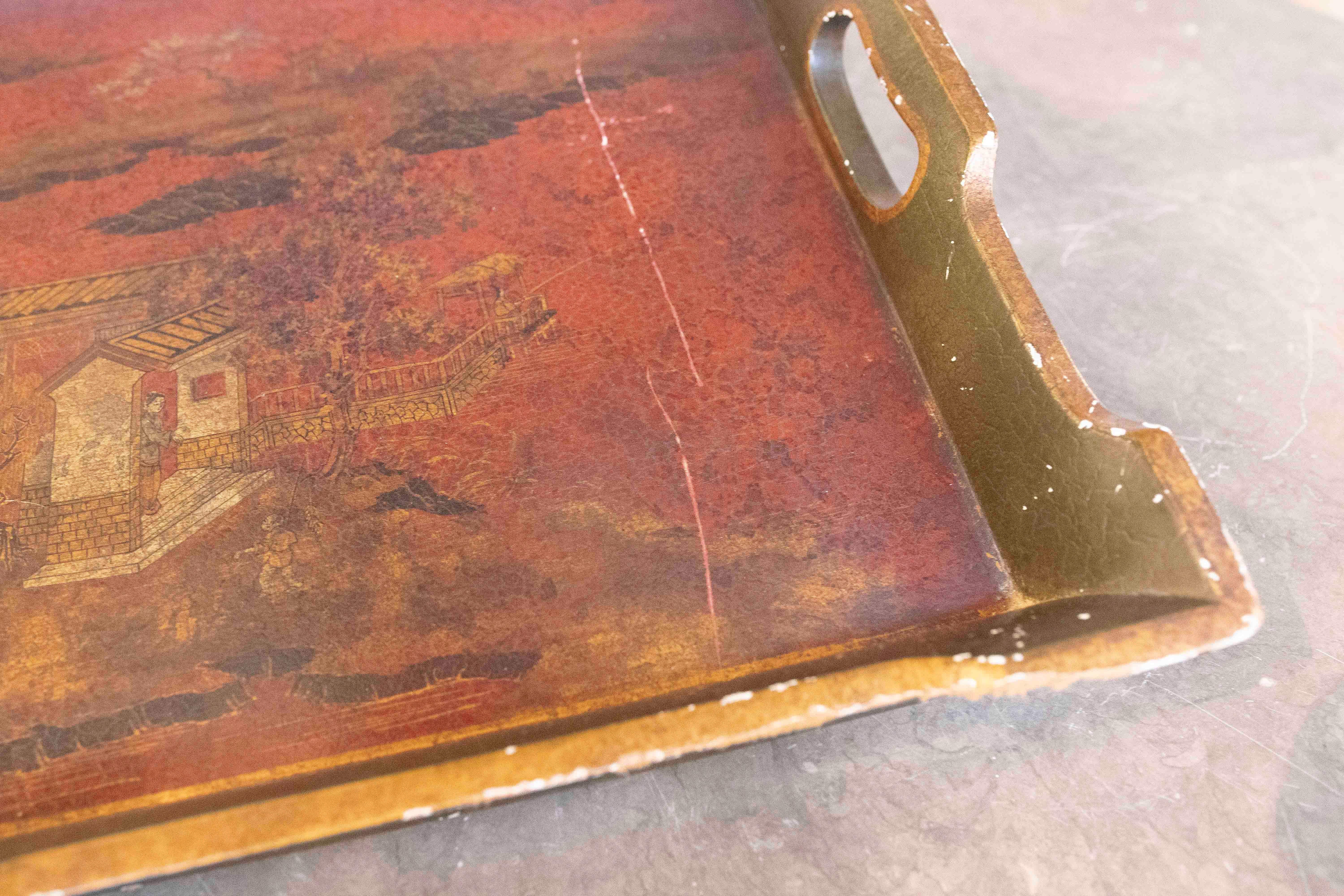 1980s Hand Painted Chinoiserie Style Wooden Tray 4