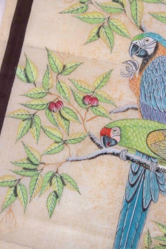 1980s Hand Painted Fabric of Three Parrots on a Trunk With Flowers
