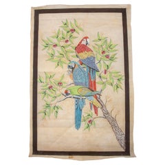 1980s Hand Painted Fabric of Three Parrots on a Trunk With Flowers