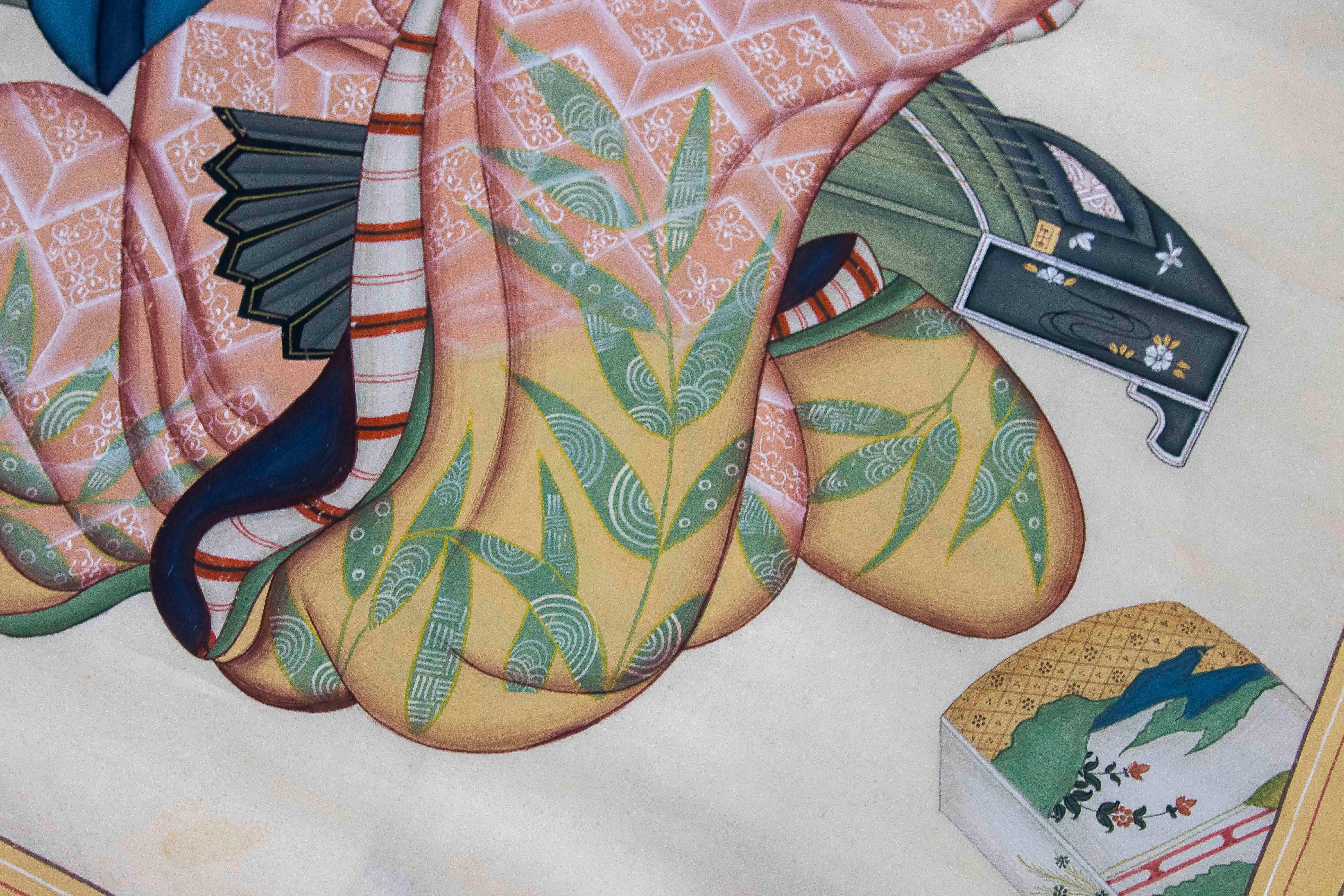 1980s Hand-painted Fabric Traditional Japanese Character For Sale 5