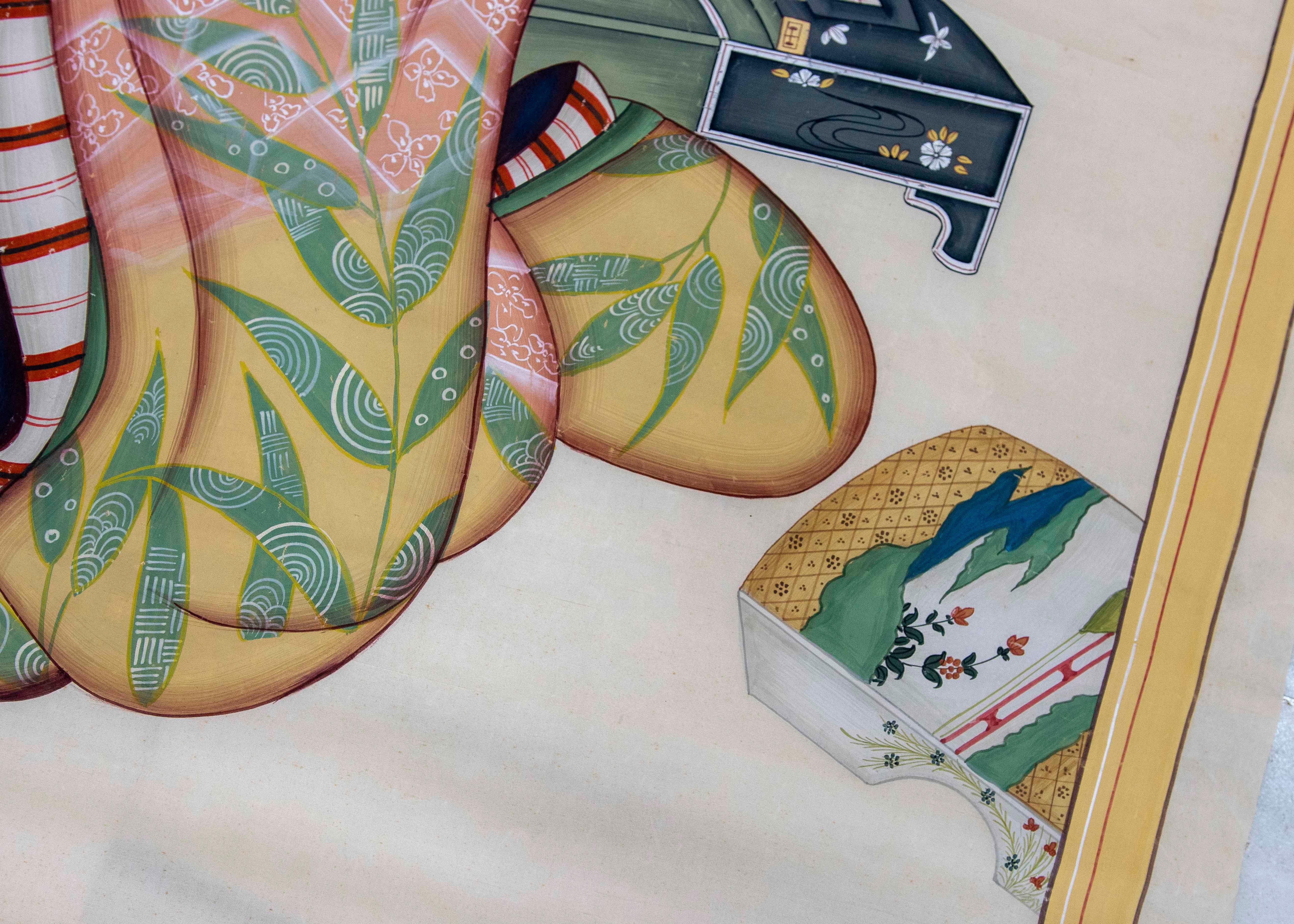 1980s Hand-painted Fabric Traditional Japanese Character For Sale 6