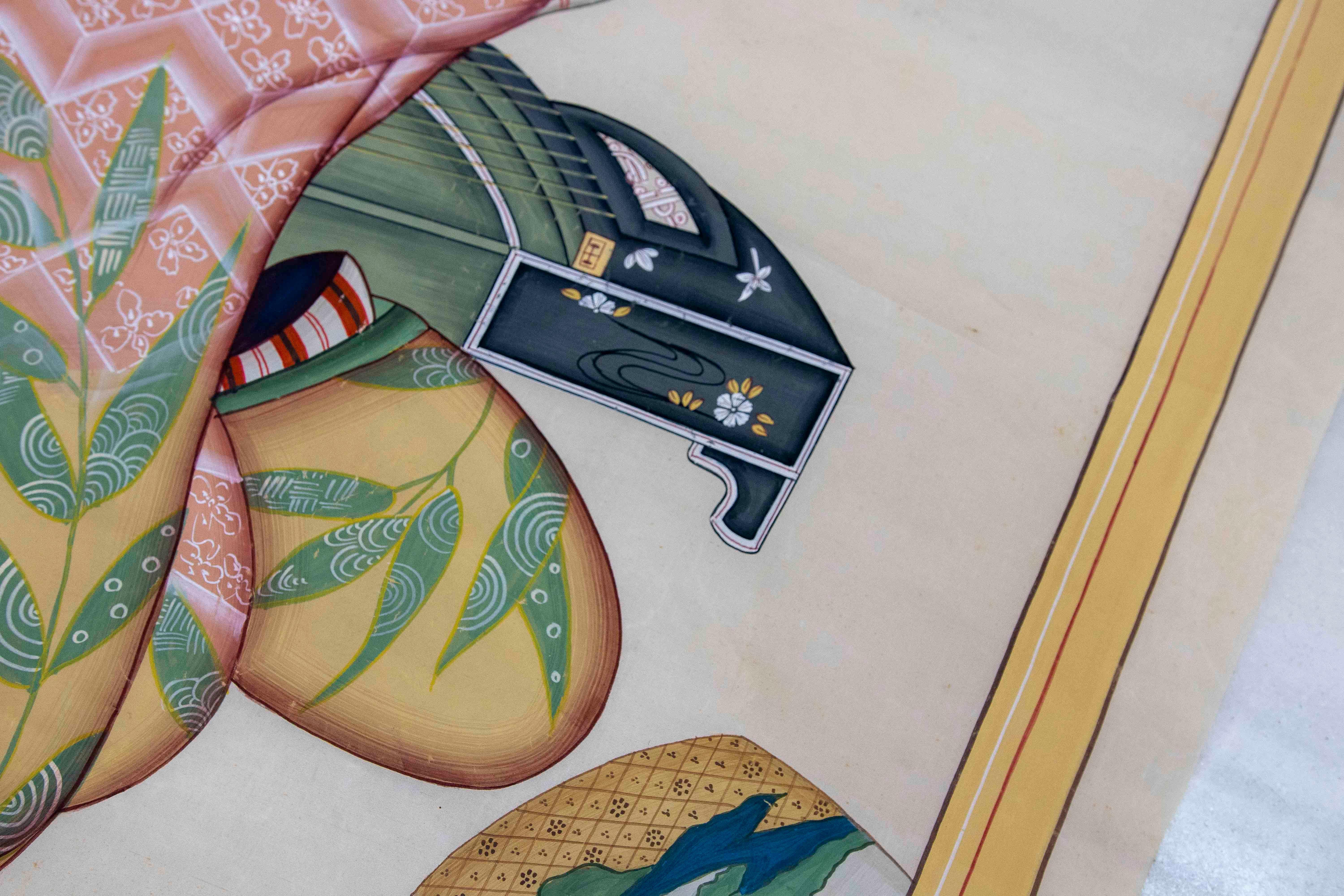 1980s Hand-painted Fabric Traditional Japanese Character For Sale 8