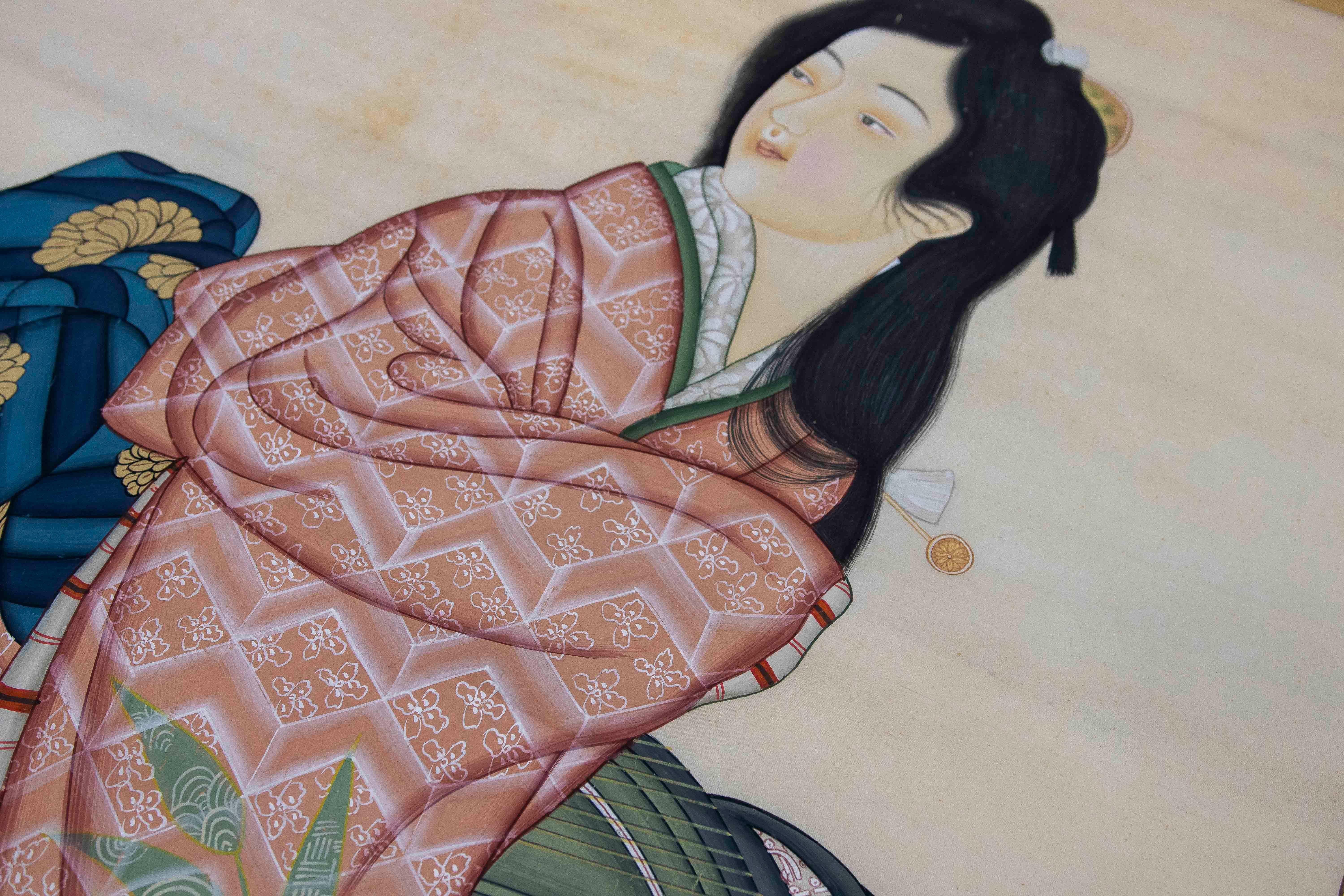 1980s Hand-painted Fabric Traditional Japanese Character For Sale 10