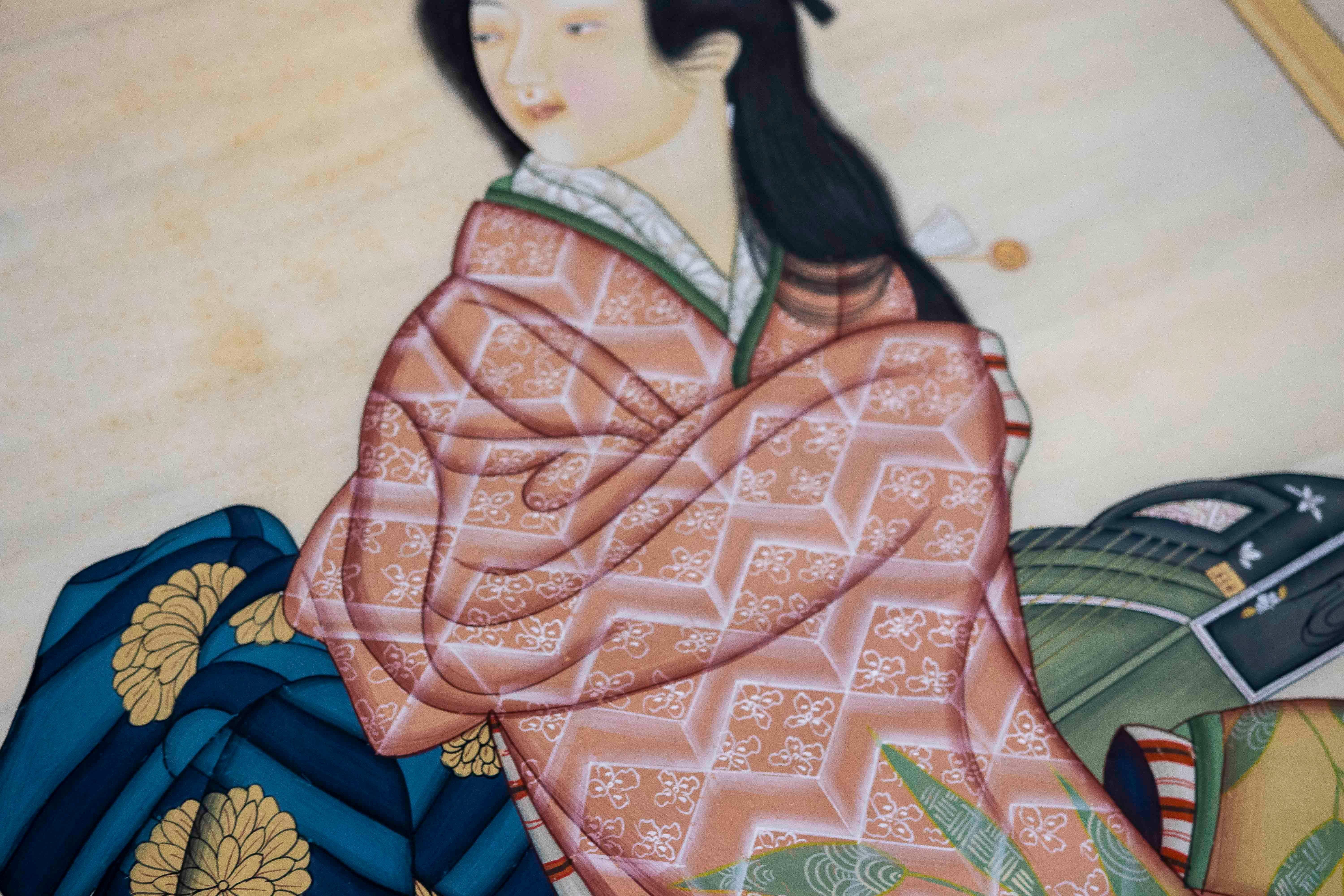 1980s Hand-painted Fabric Traditional Japanese Character For Sale 13