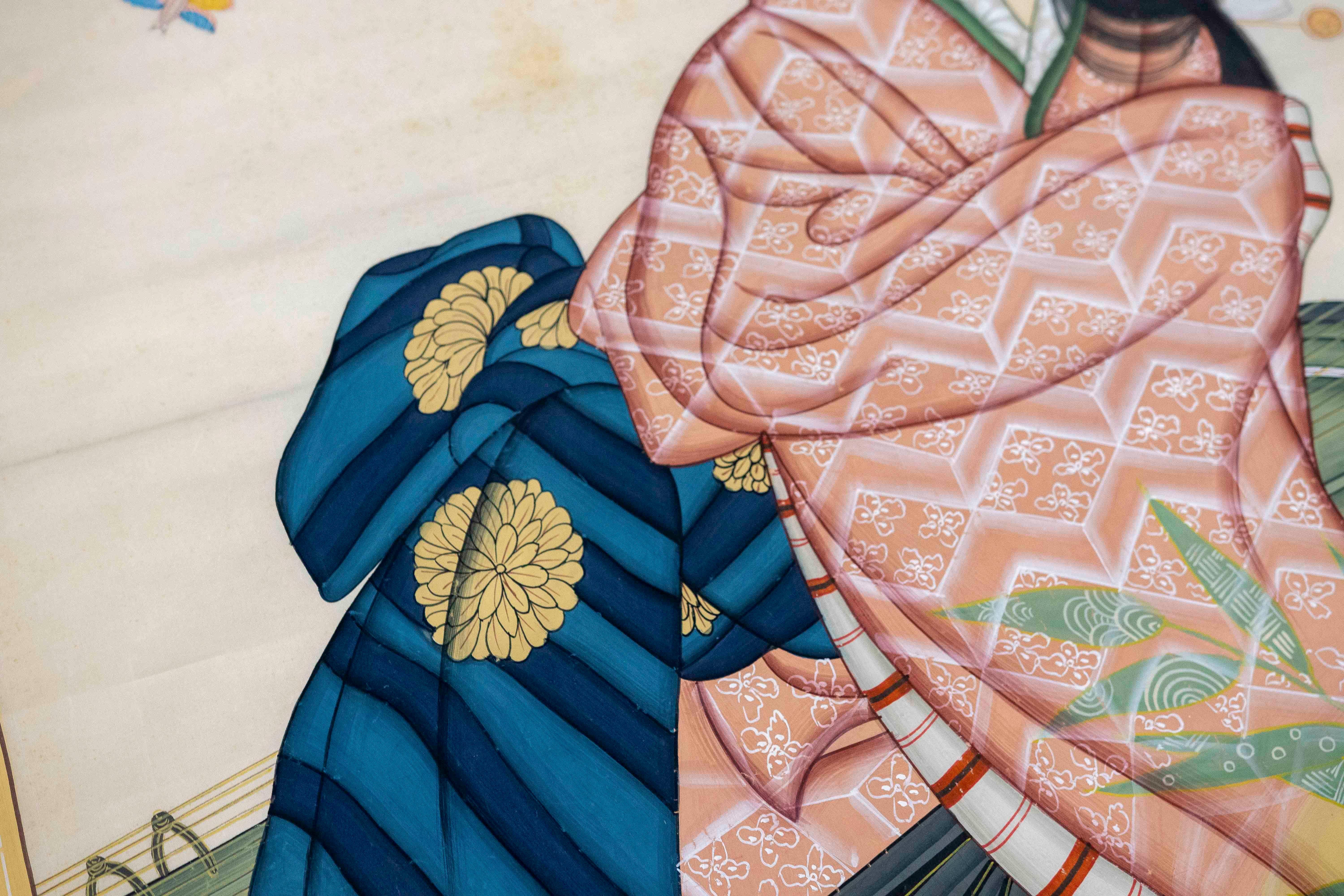 1980s Hand-painted Fabric Traditional Japanese Character For Sale 14
