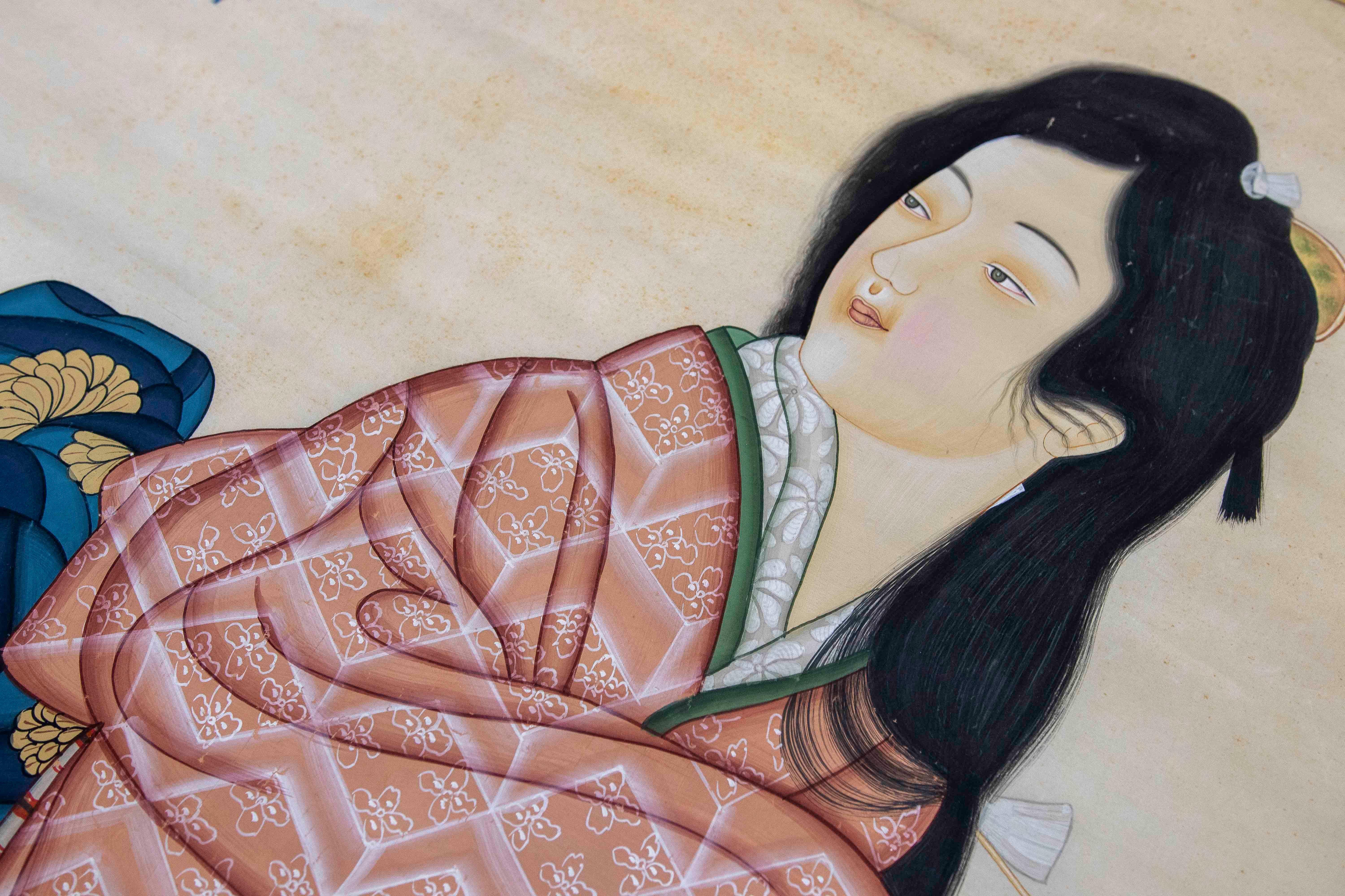 Asian 1980s Hand-painted Fabric Traditional Japanese Character For Sale