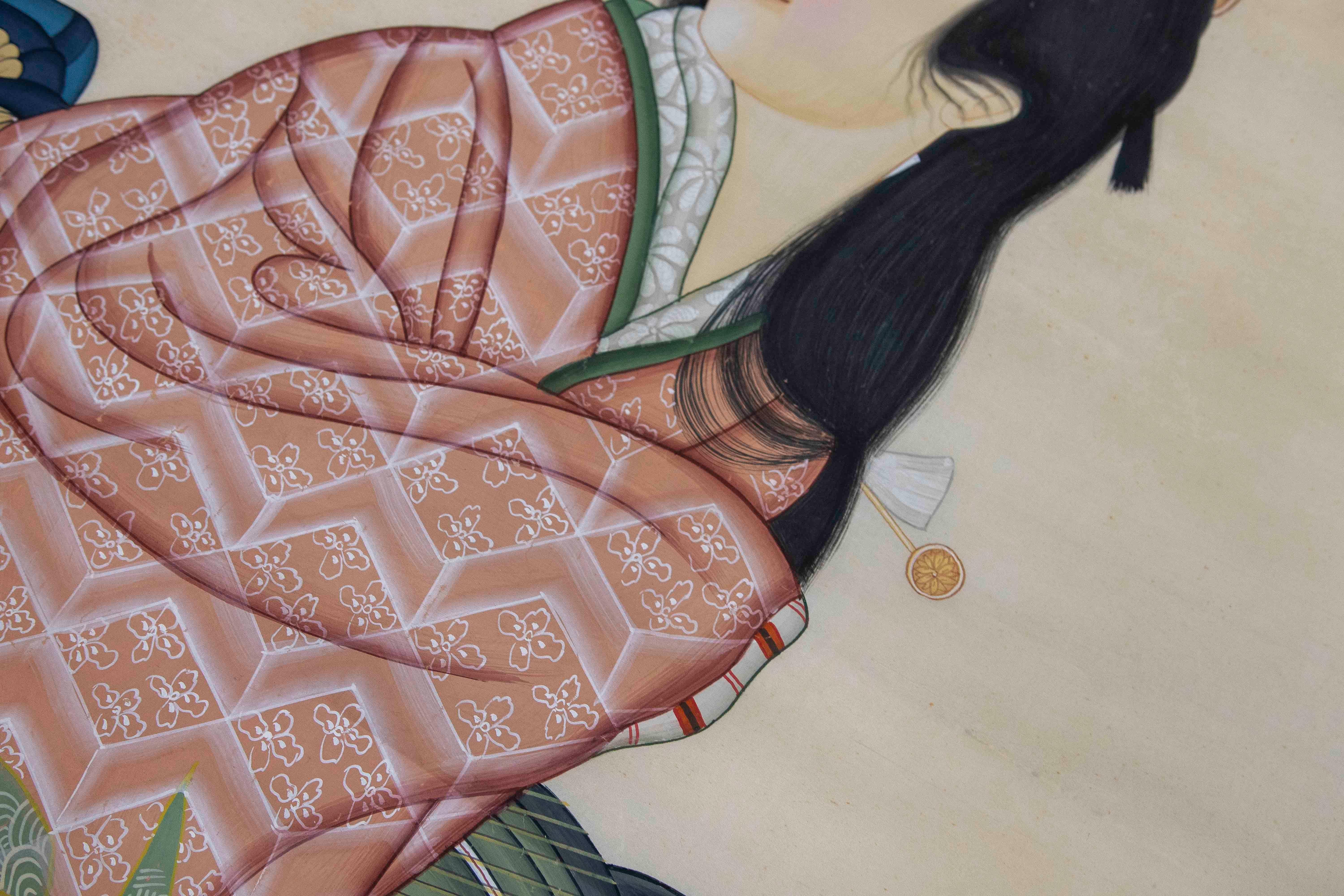 1980s Hand-painted Fabric Traditional Japanese Character In Good Condition For Sale In Marbella, ES