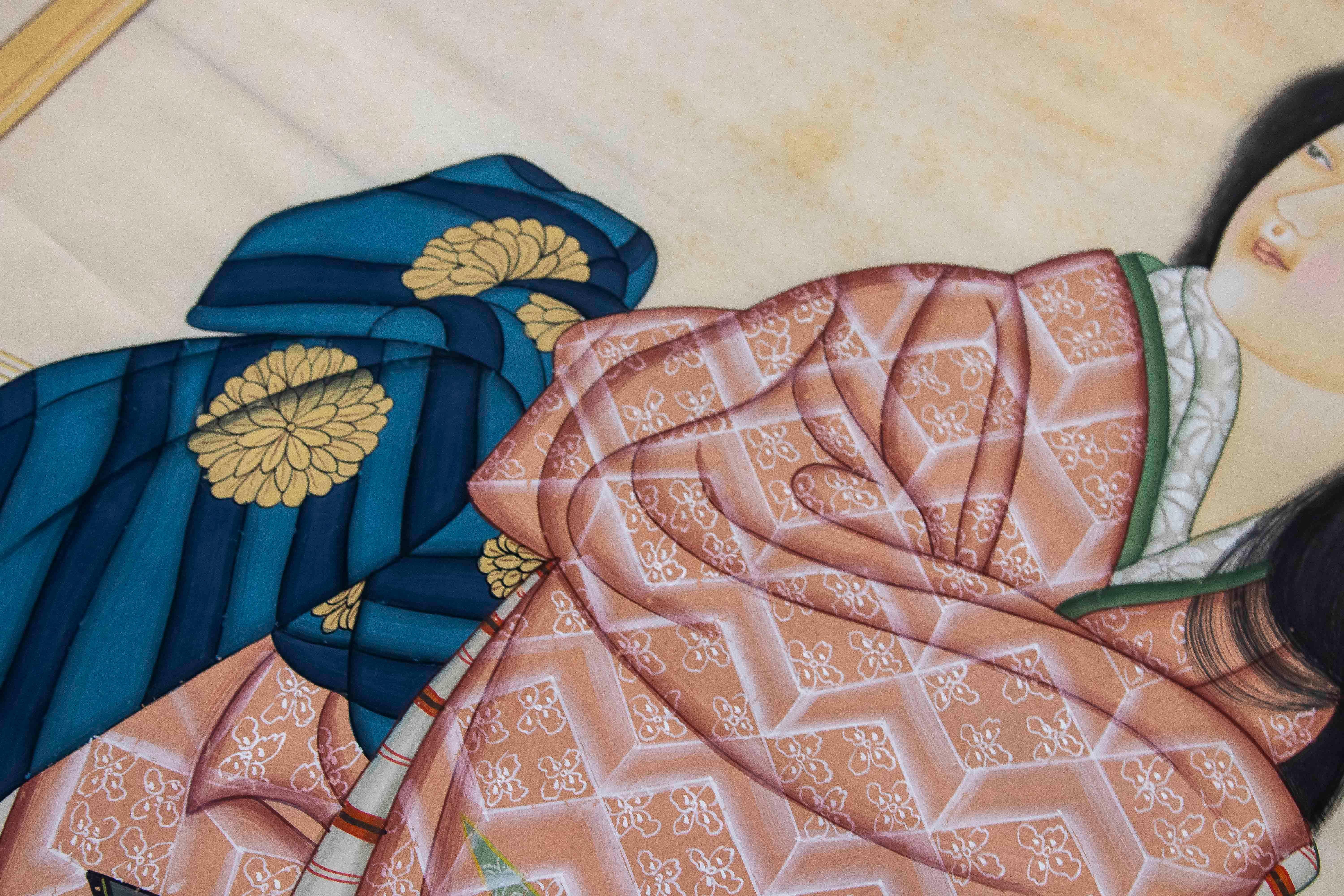 20th Century 1980s Hand-painted Fabric Traditional Japanese Character For Sale
