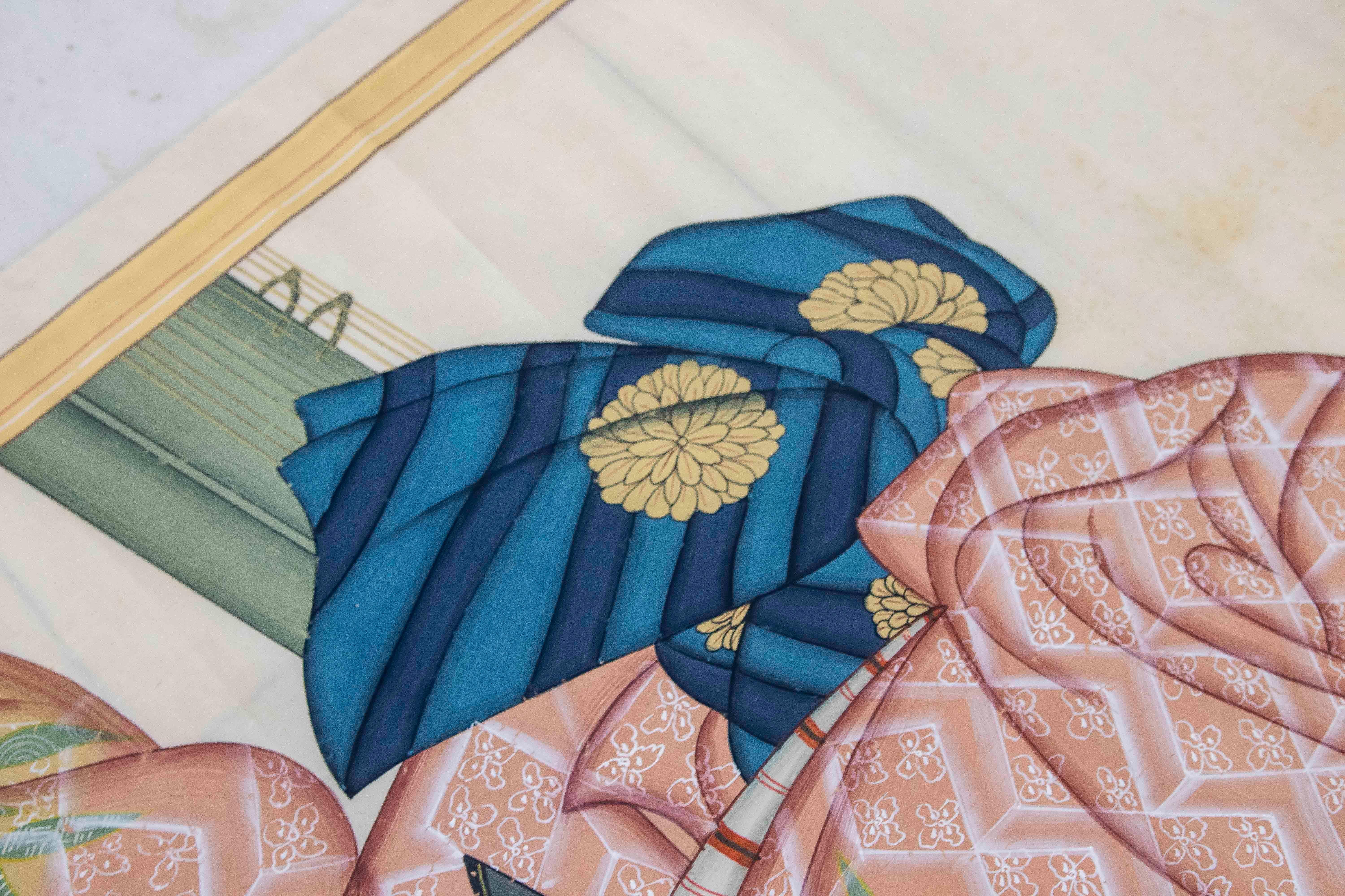 1980s Hand-painted Fabric Traditional Japanese Character For Sale 1
