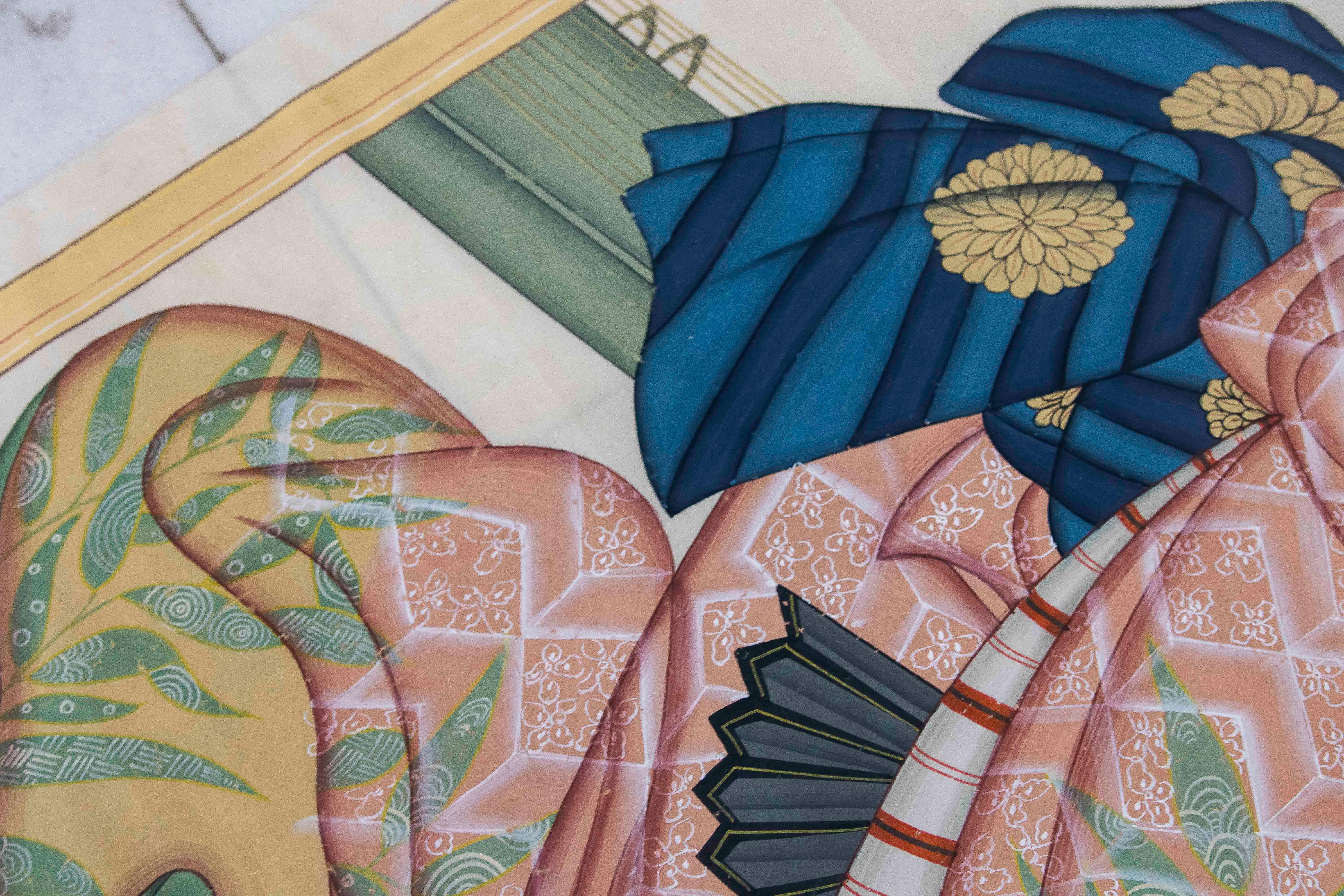 1980s Hand-painted Fabric Traditional Japanese Character For Sale 2