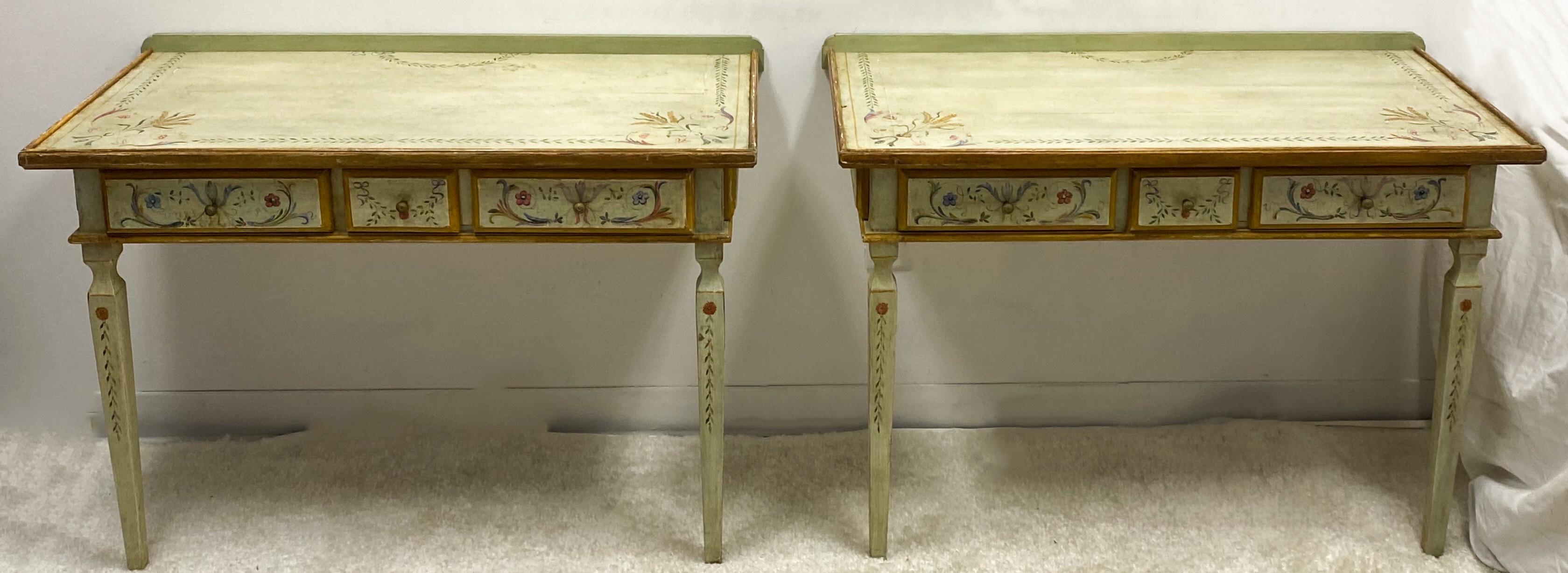 This is a pair of painted French style console tables by Niermann Weeks. They are wall mounted, and each has a single drawer. They appear to be pine. They are intentionally distressed. Each table is marked.