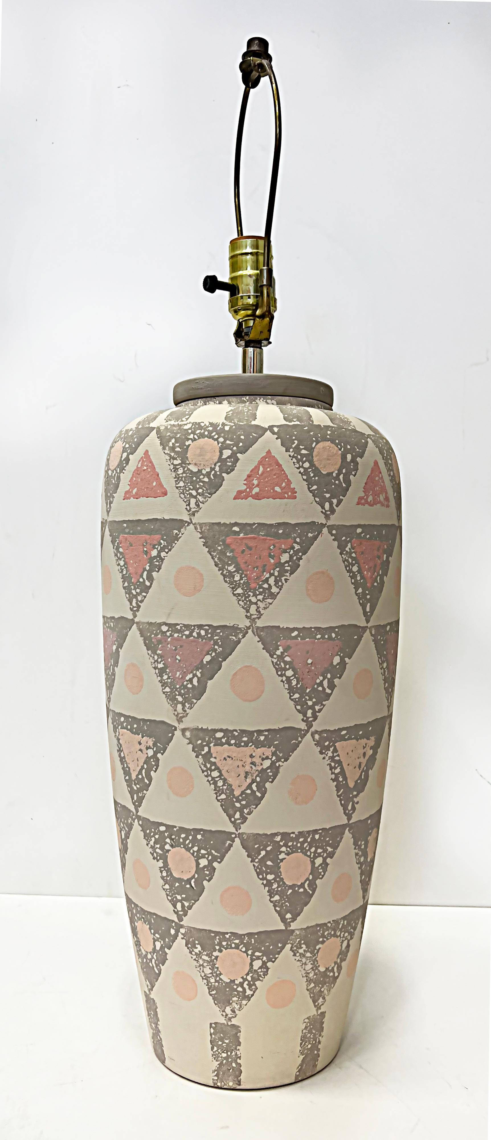 1980s Geometric hand painted designed pottery table lamps, pair.


Offered for sale is a pair of 1980s graphic design pottery table lamps that have hand-painted geometric designs. The lamps retain the original wiring that is in working condition.