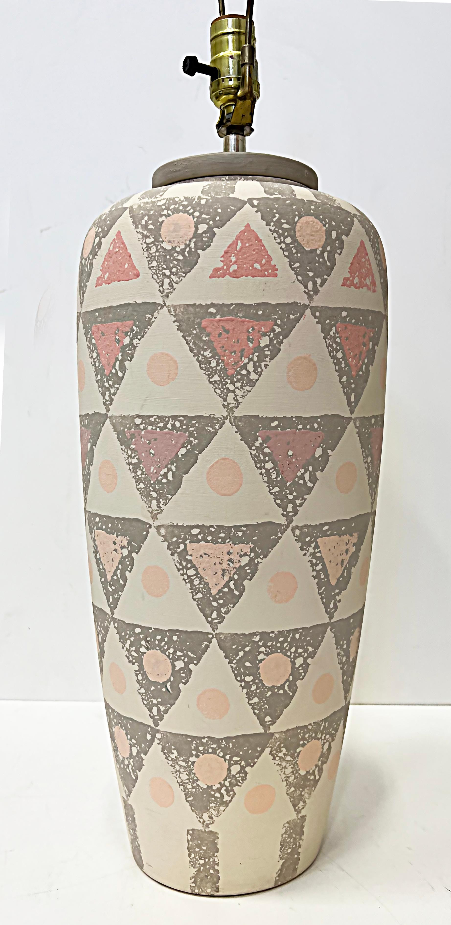 Modern 1980s, Hand Painted Geometric Design Pottery Table Lamps, Pair For Sale