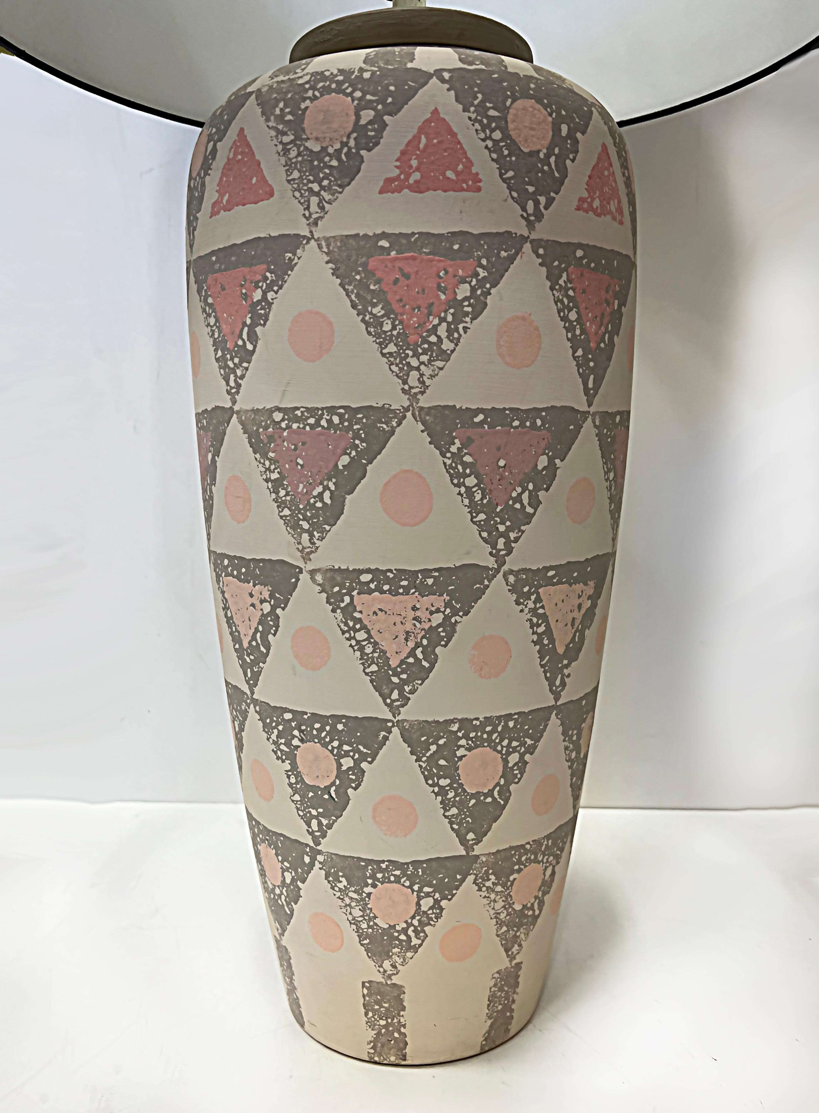 American 1980s, Hand Painted Geometric Design Pottery Table Lamps, Pair For Sale